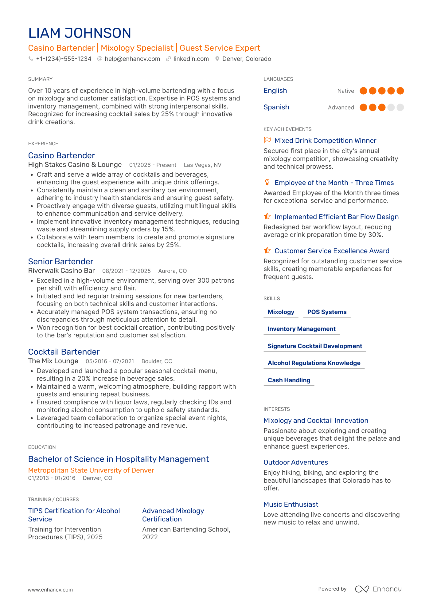 Casino Bartender Resume Example