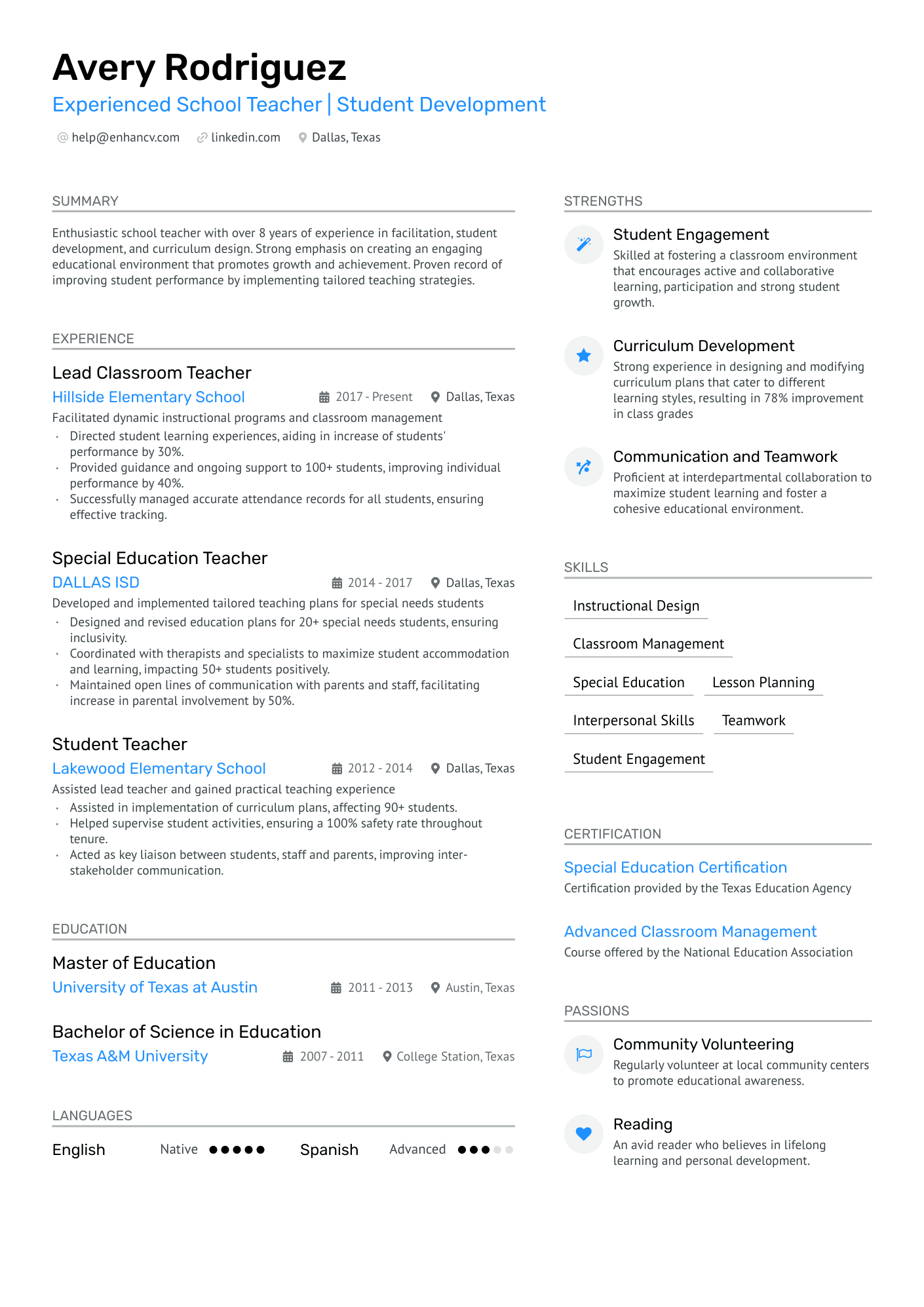 Middle School English Teacher Resume Example