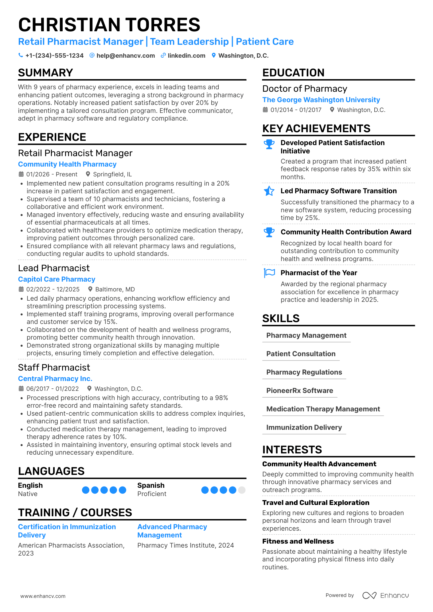 Retail Pharmacist Manager Resume Example