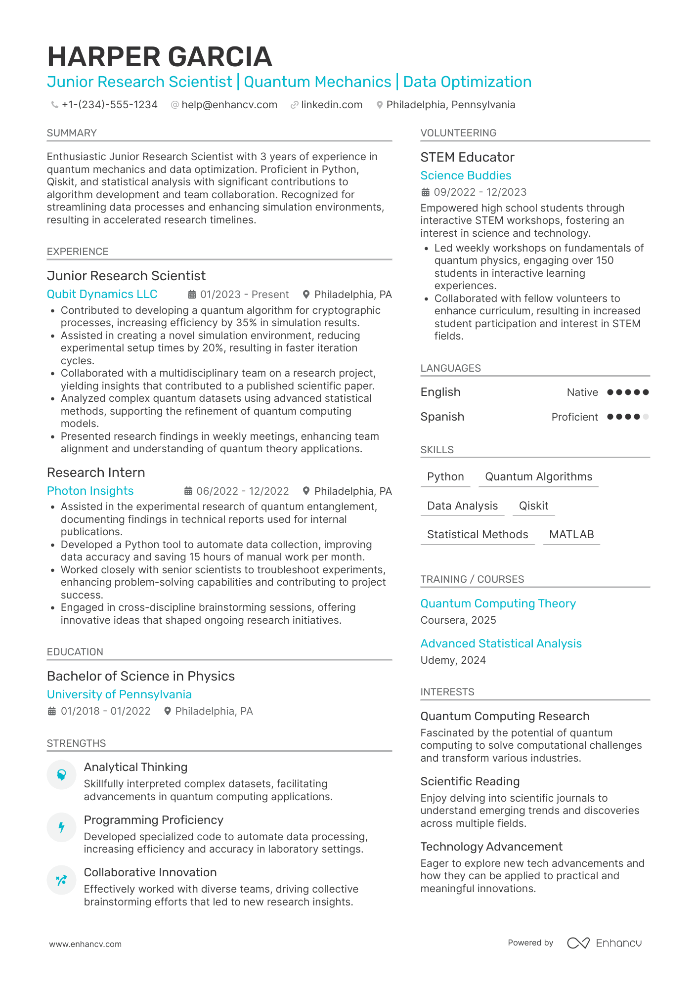 Junior PhD Research Scientist Resume Example