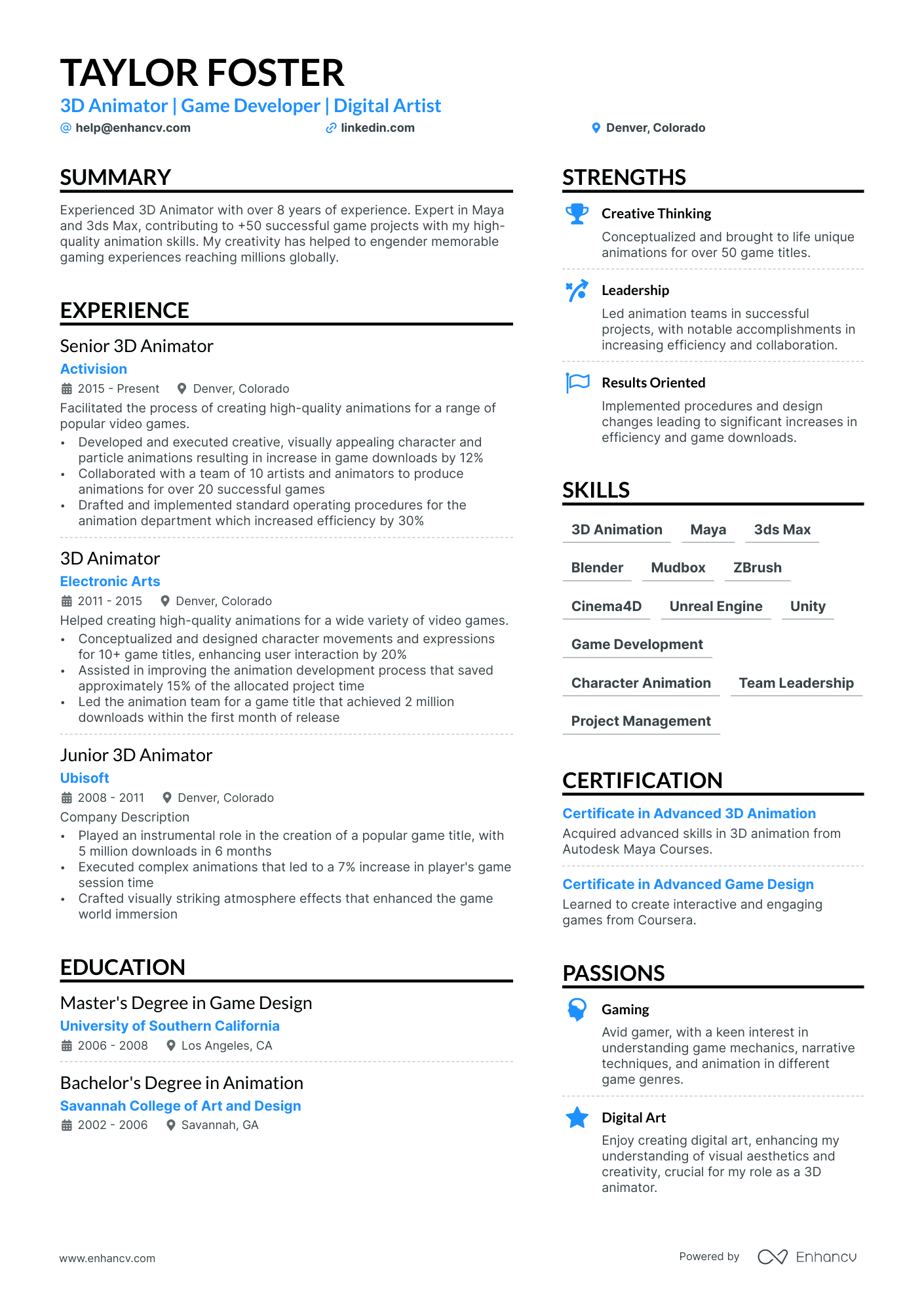 3D Animator Resume Example