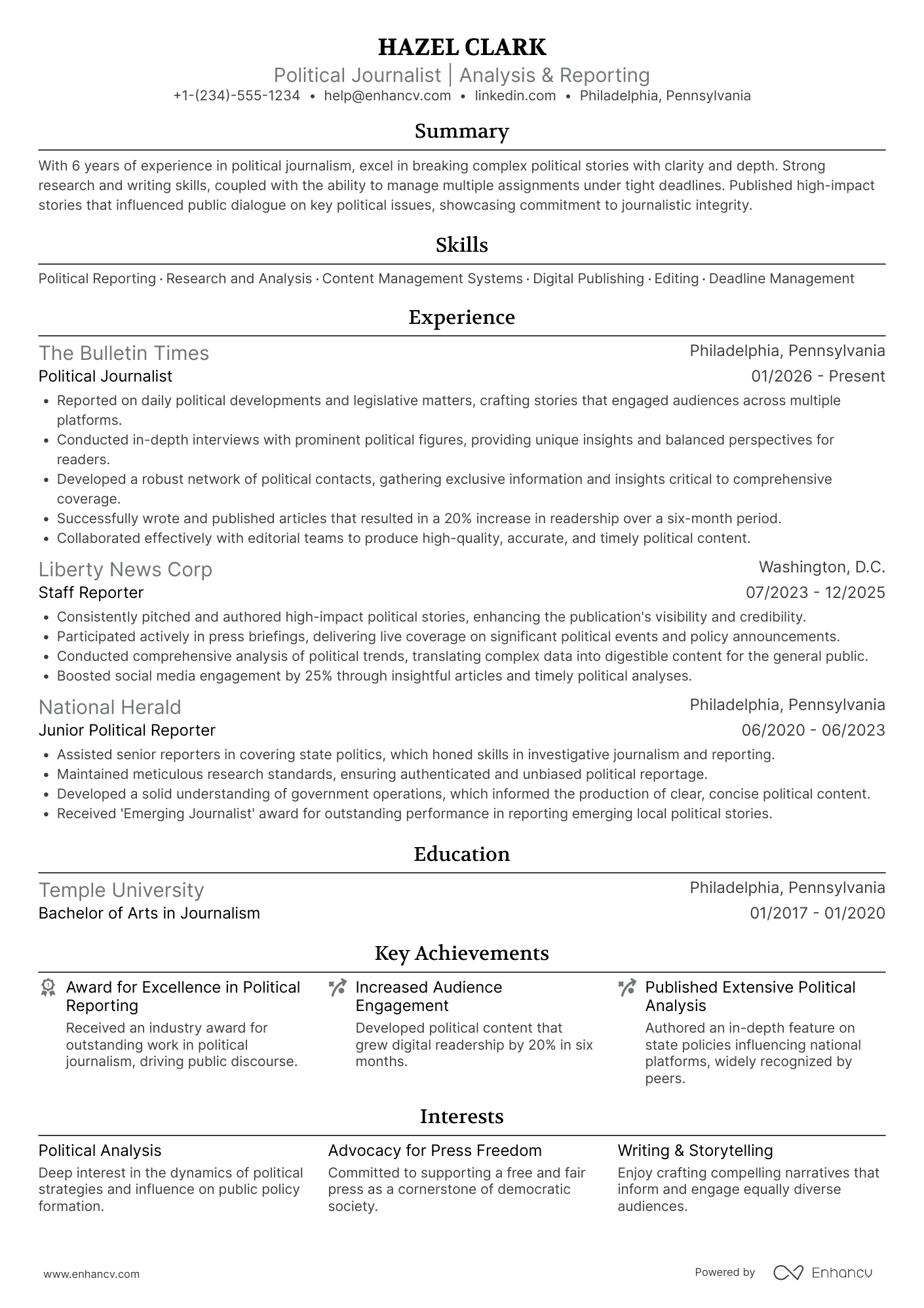 Political Journalist Resume Example