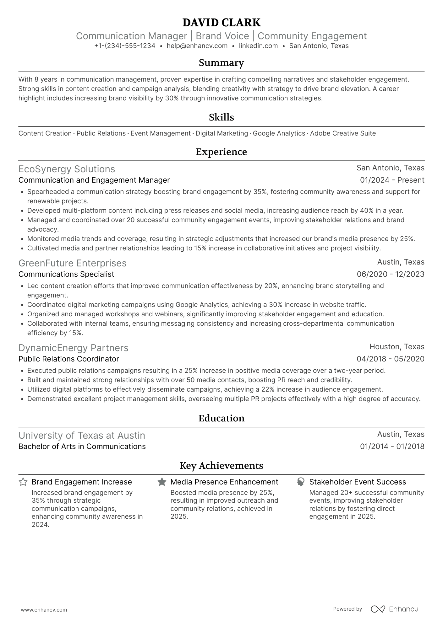 Communication and Engagement Manager Resume Example