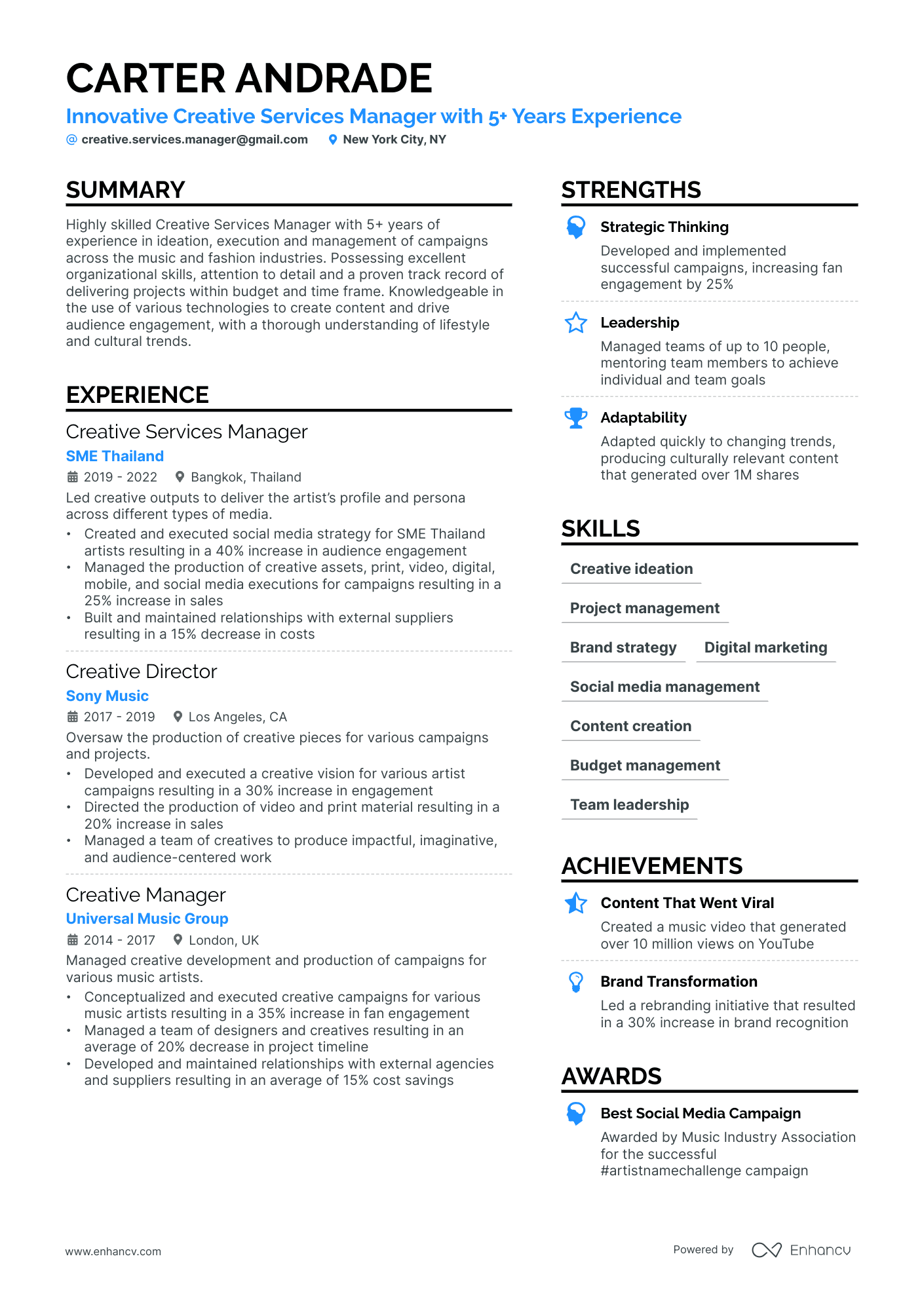 Creative Services Manager Resume Example