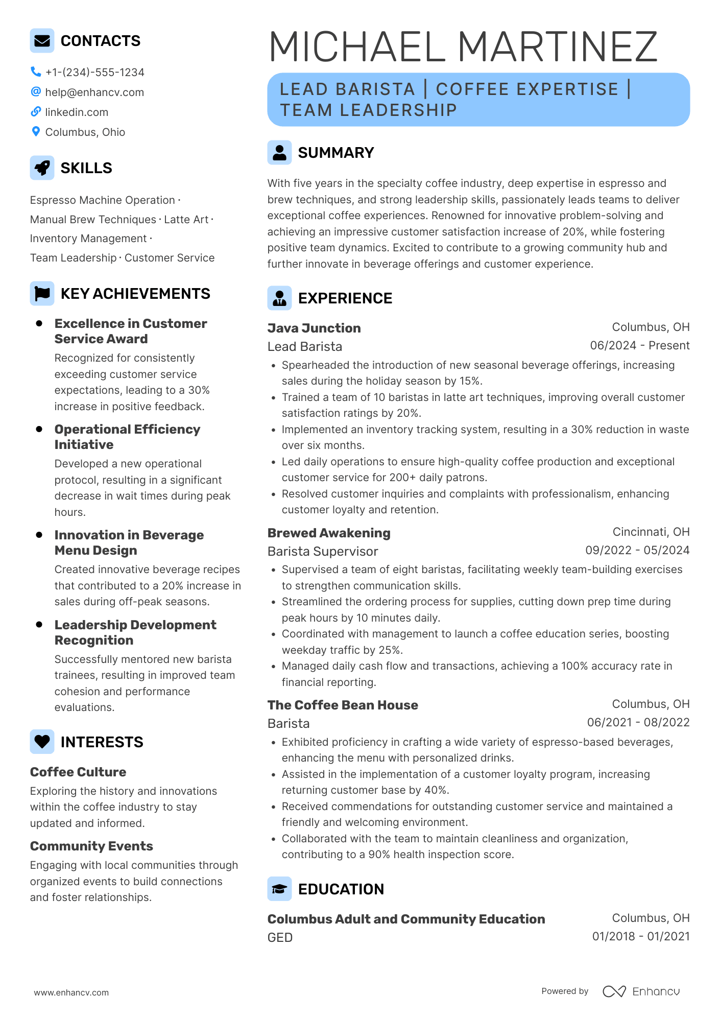 Head Barista Resume Example