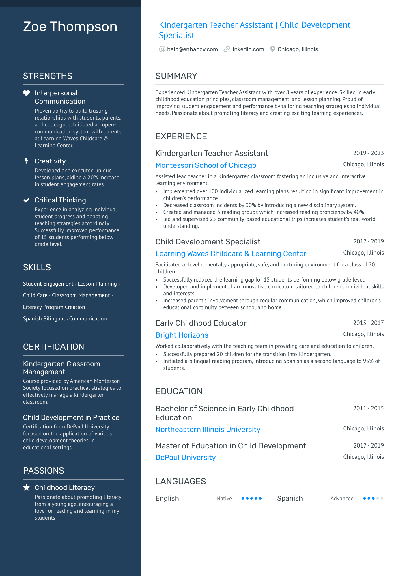Kindergarten Teacher Assistant Resume Example