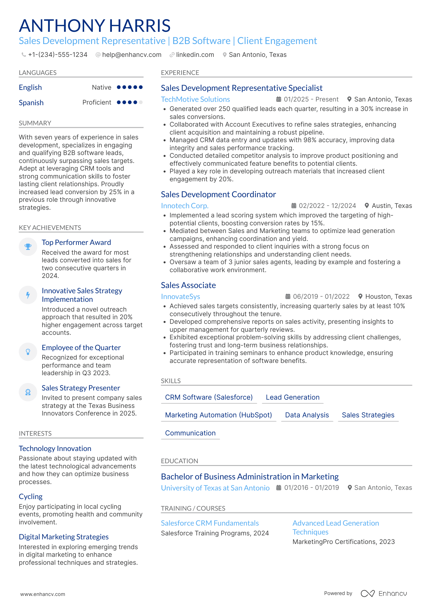 Sales Development Representative Specialist Resume Example