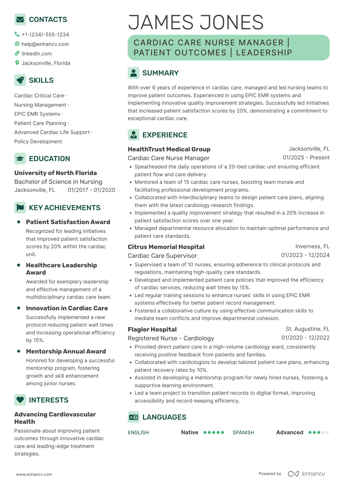 Cardiac Care Nurse Manager Resume Example