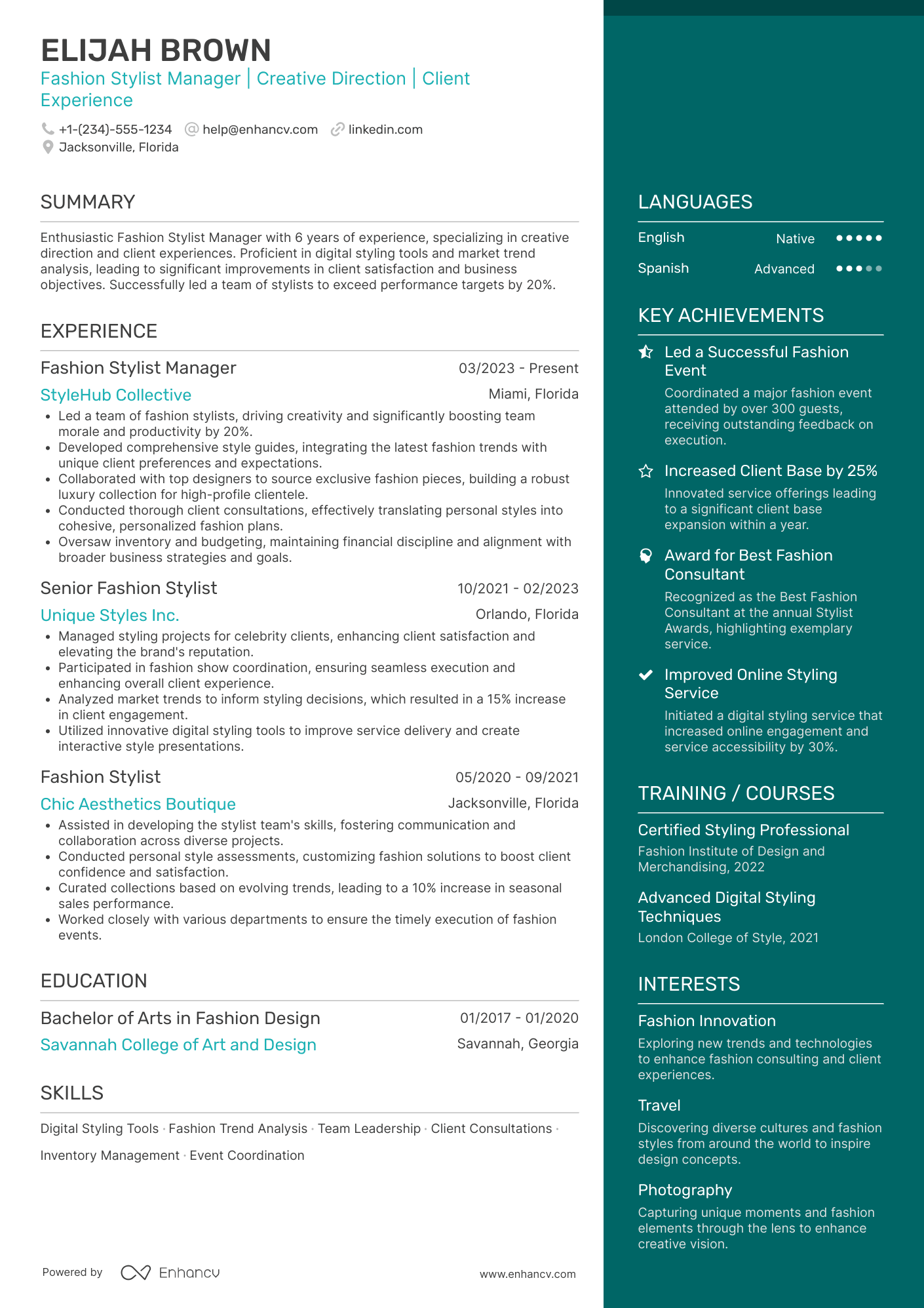 Fashion Stylist Manager Resume Example