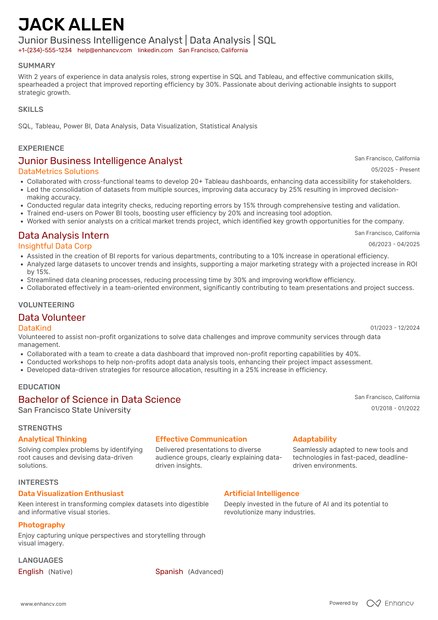 Junior Business Intelligence Analyst Resume Example
