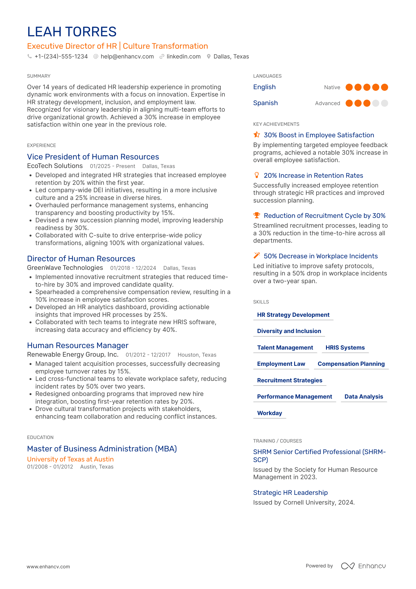 Executive Director of Human Resources Resume Example