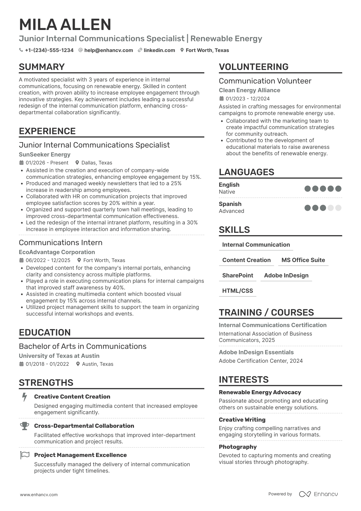 Junior Internal Communications Specialist Resume Example