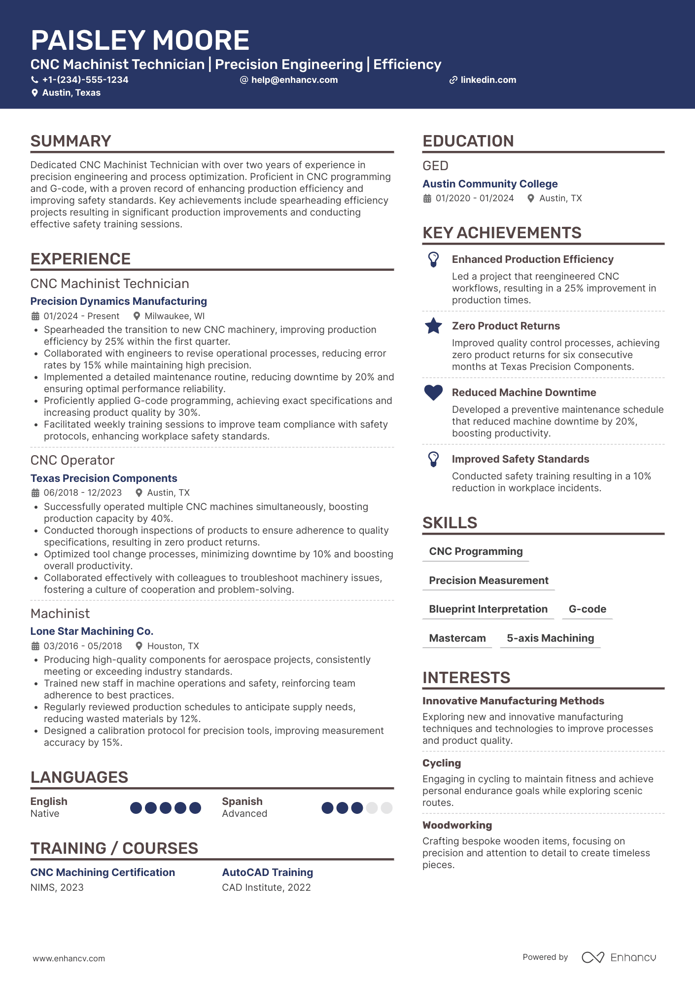 CNC Machinist Technician Resume Example