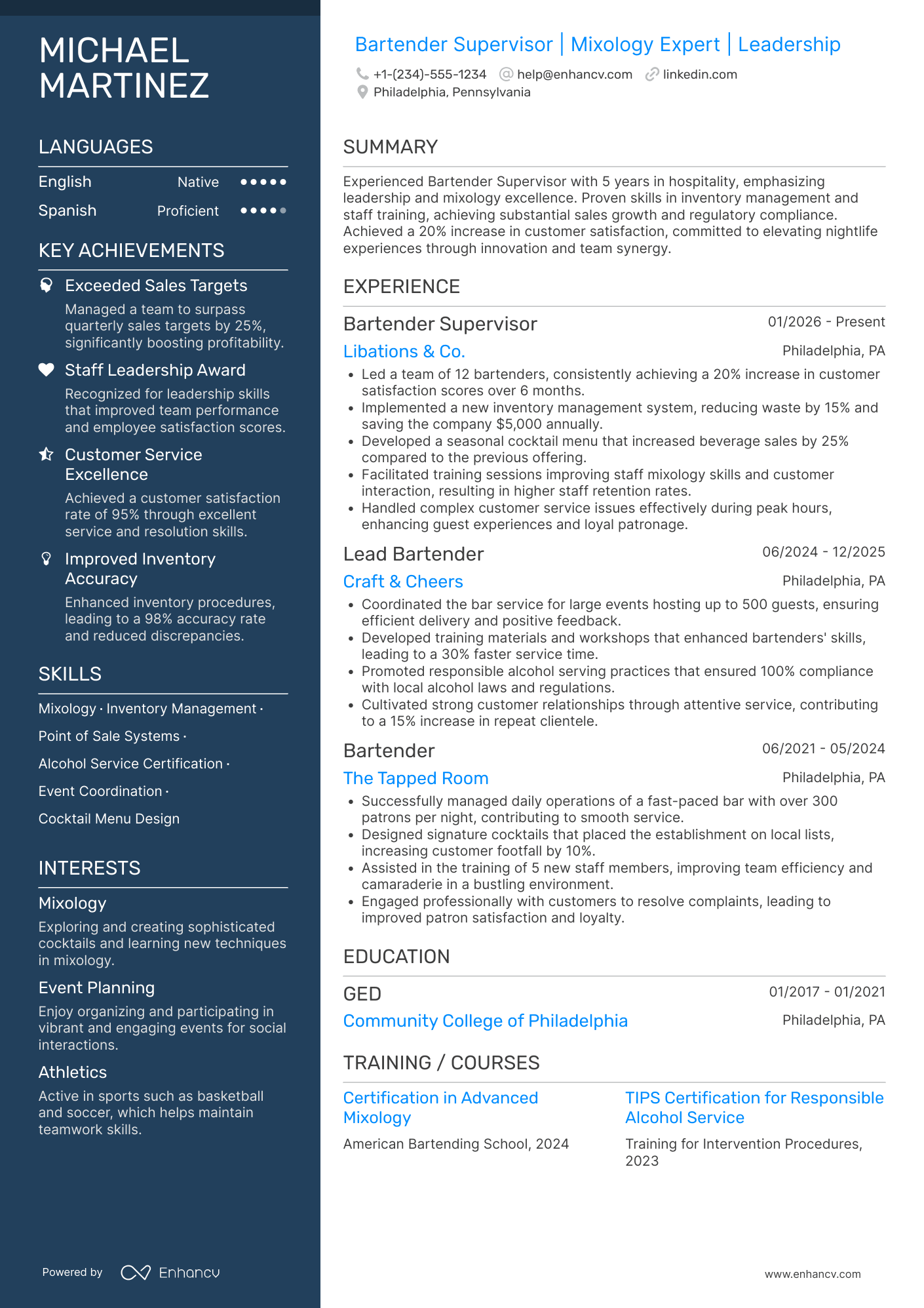 Bartender Supervisor Resume Example