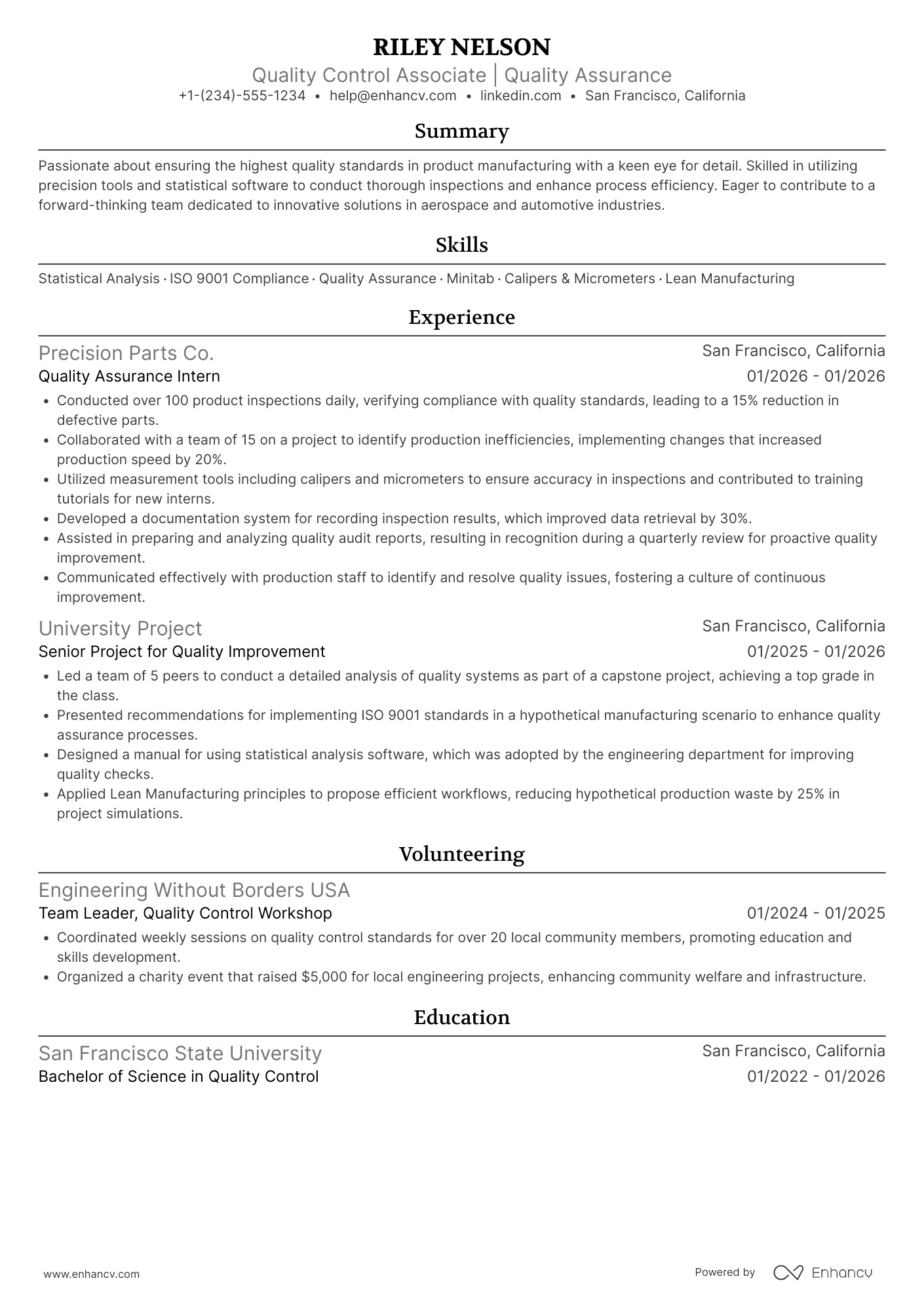 Entry Level Quality Control Associate Resume Example
