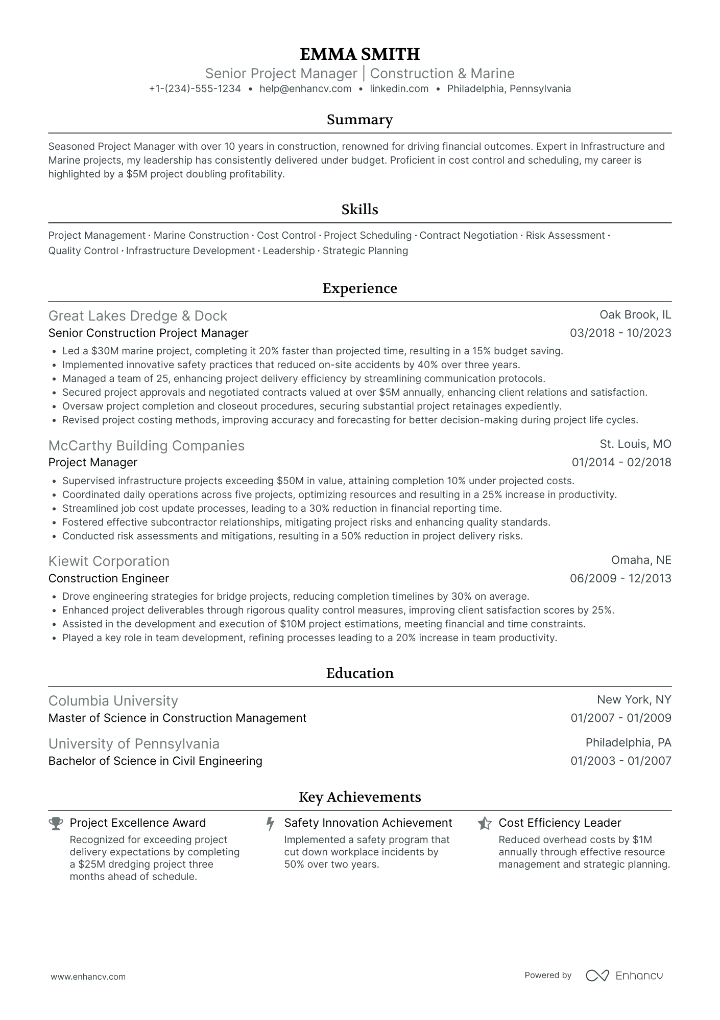 Infrastructure Construction Project Manager Resume Example