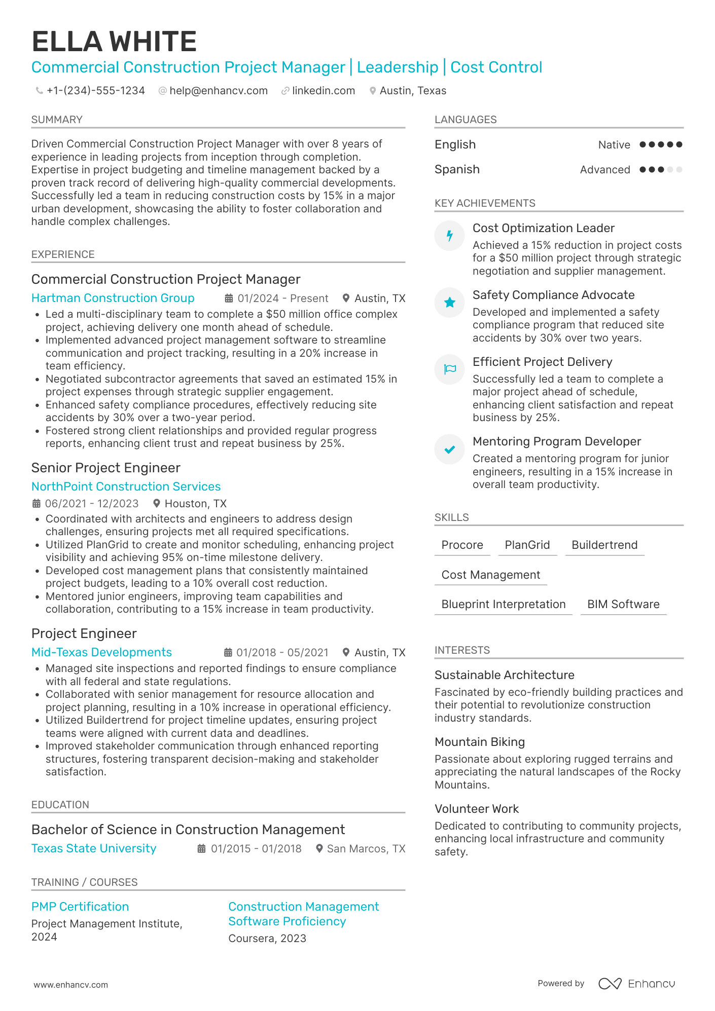Commercial Construction Project Manager Resume Example
