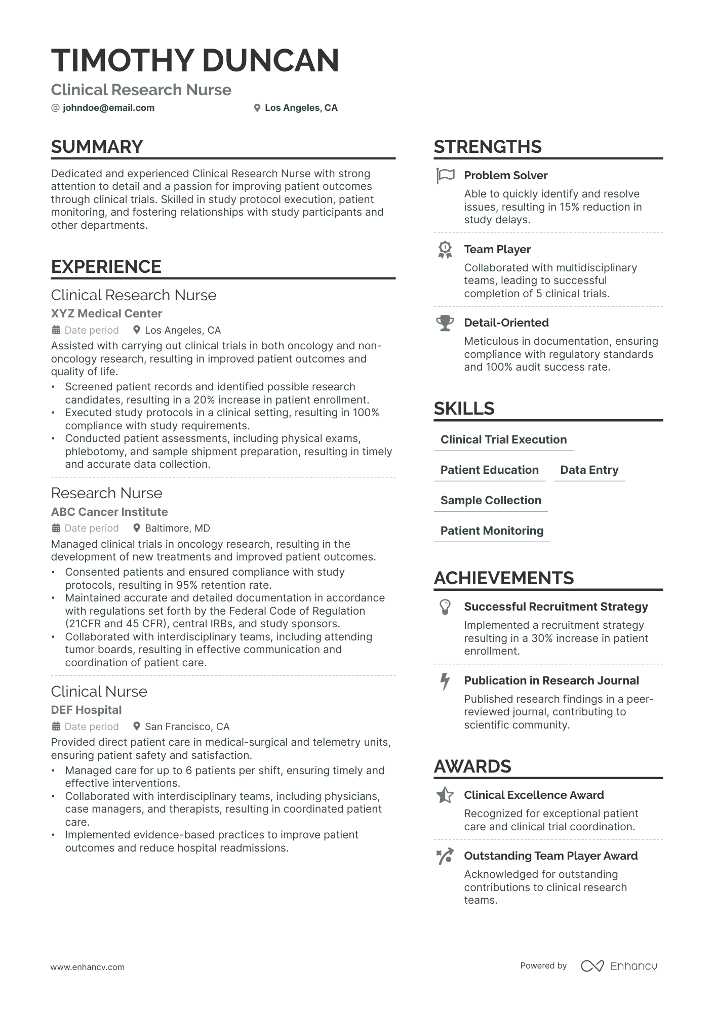 Clinical Research Nurse Resume Example