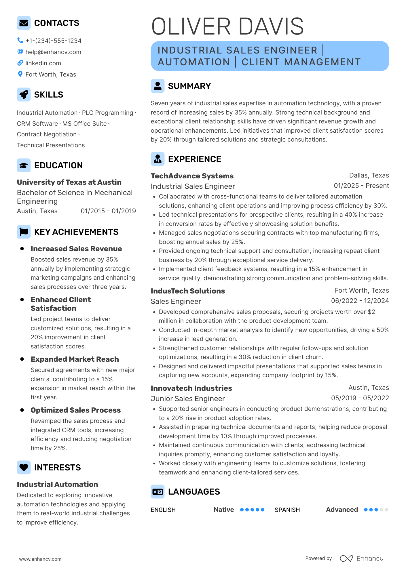 Industrial Sales Engineer Resume Example