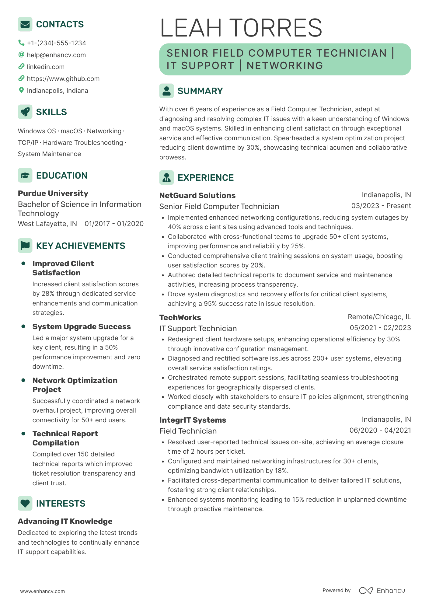 Field Computer Technician Resume Example