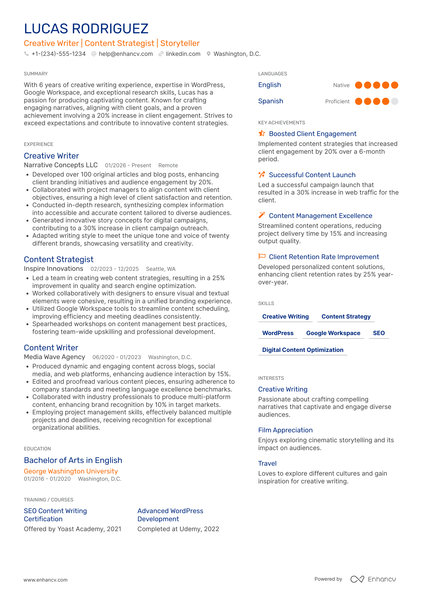 Freelance Creative Writer Resume Example