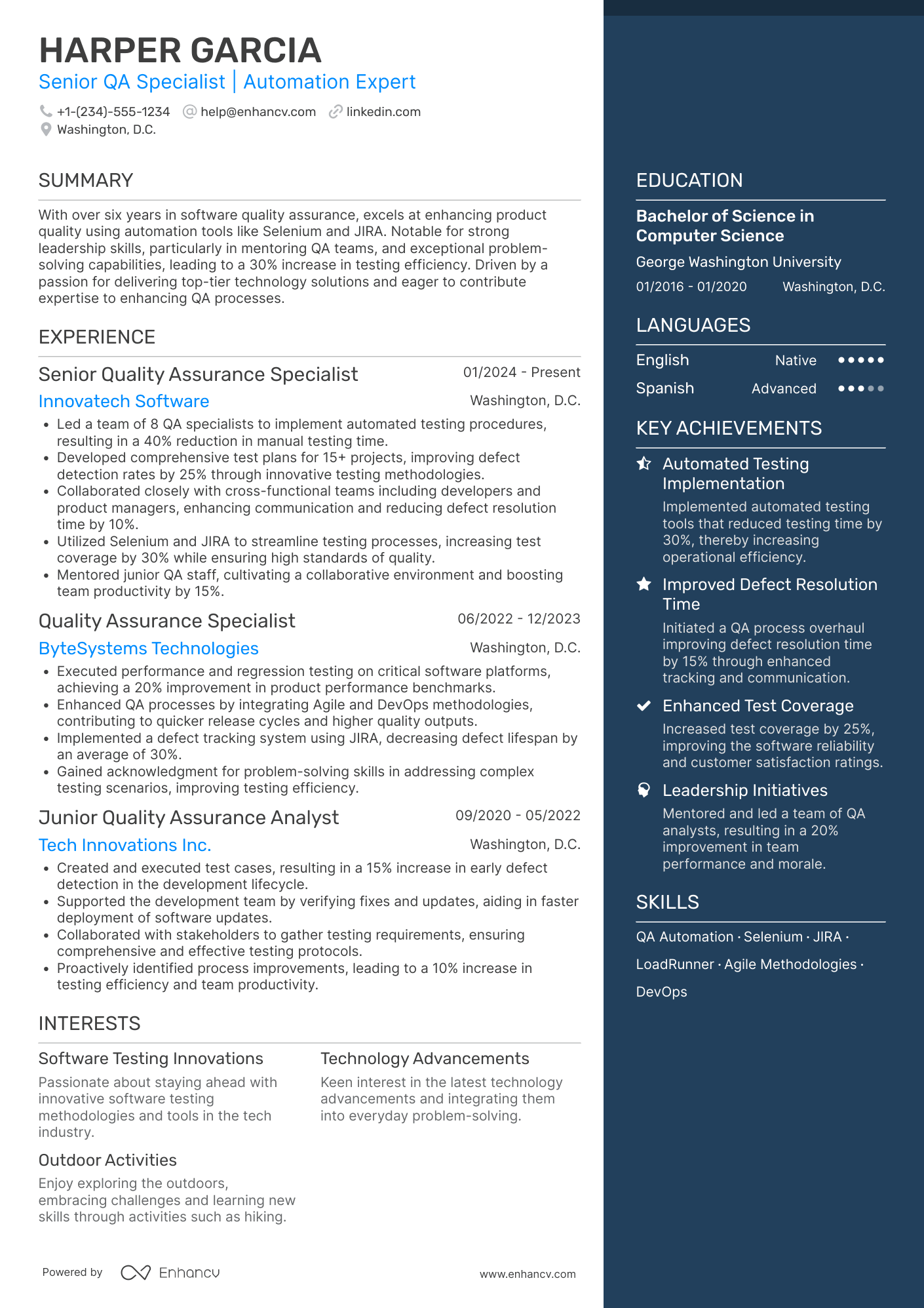 Senior Quality Assurance Specialist Resume Example