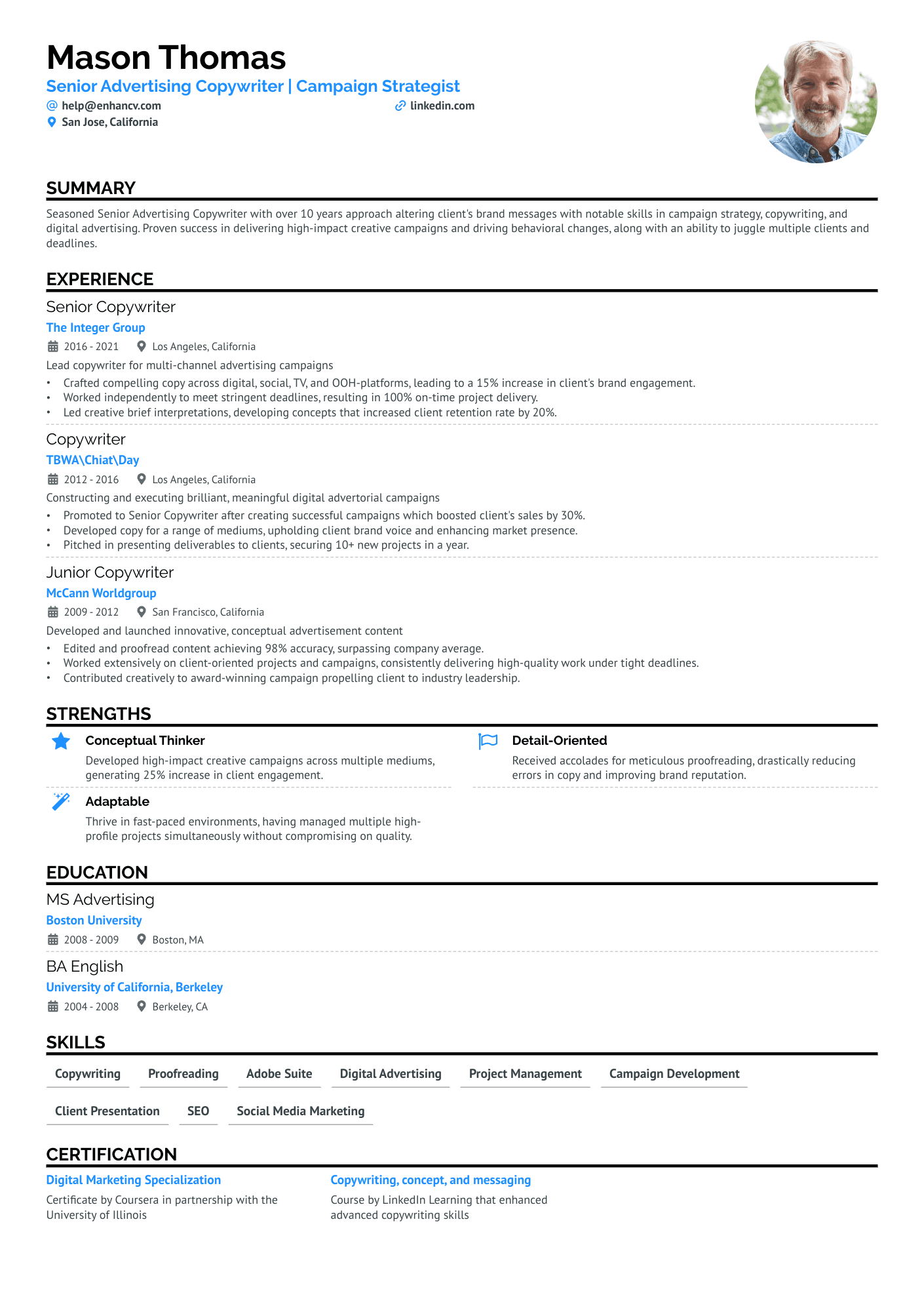 Advertising Copywriter Resume Example
