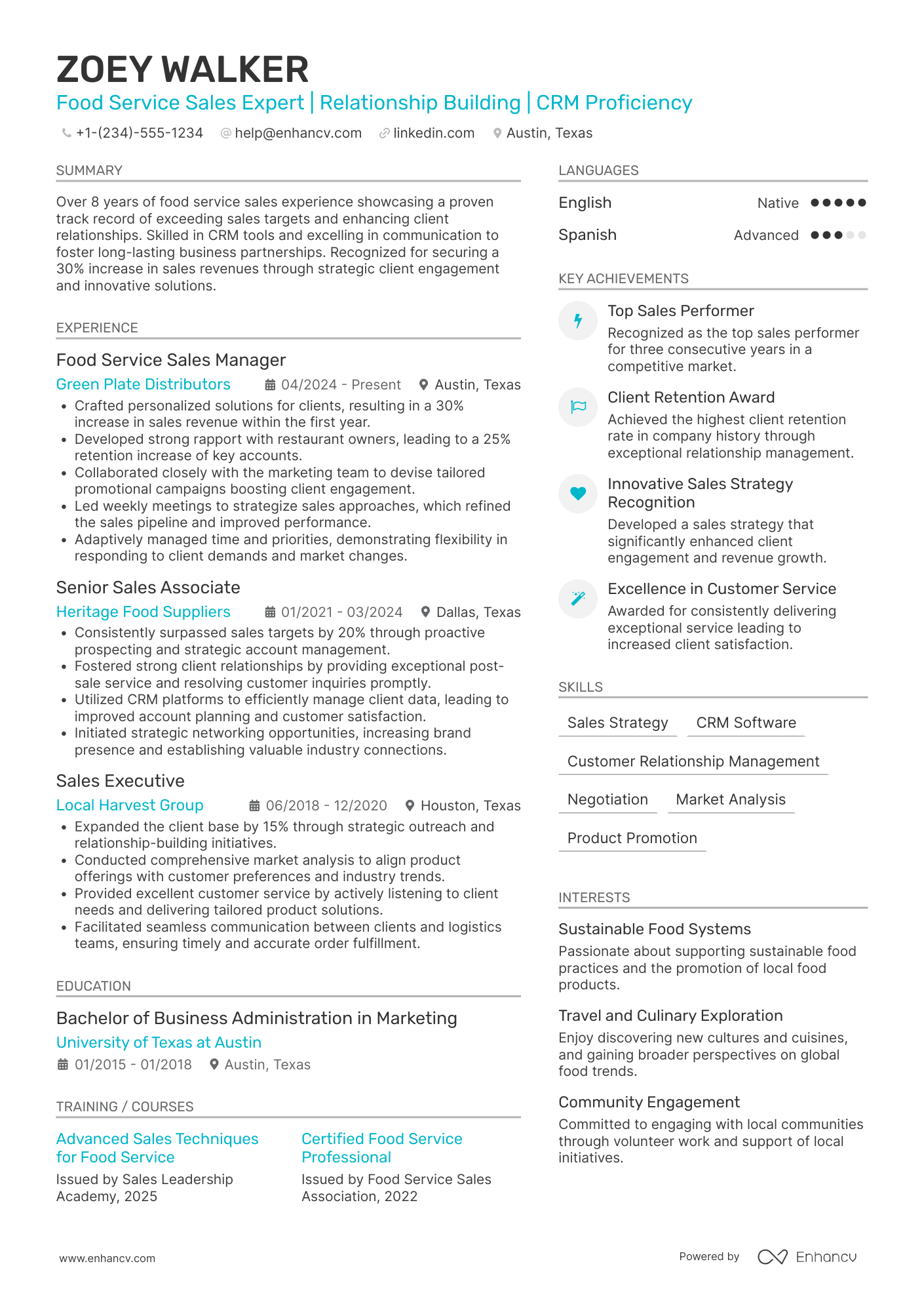 Food Service Sales Representative Resume Example