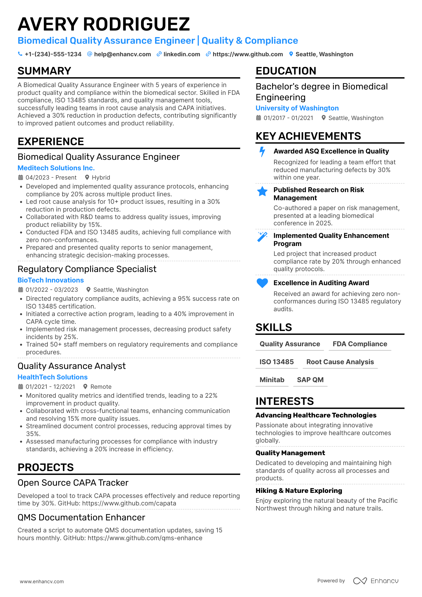 Biomedical Quality Assurance Engineer Resume Example