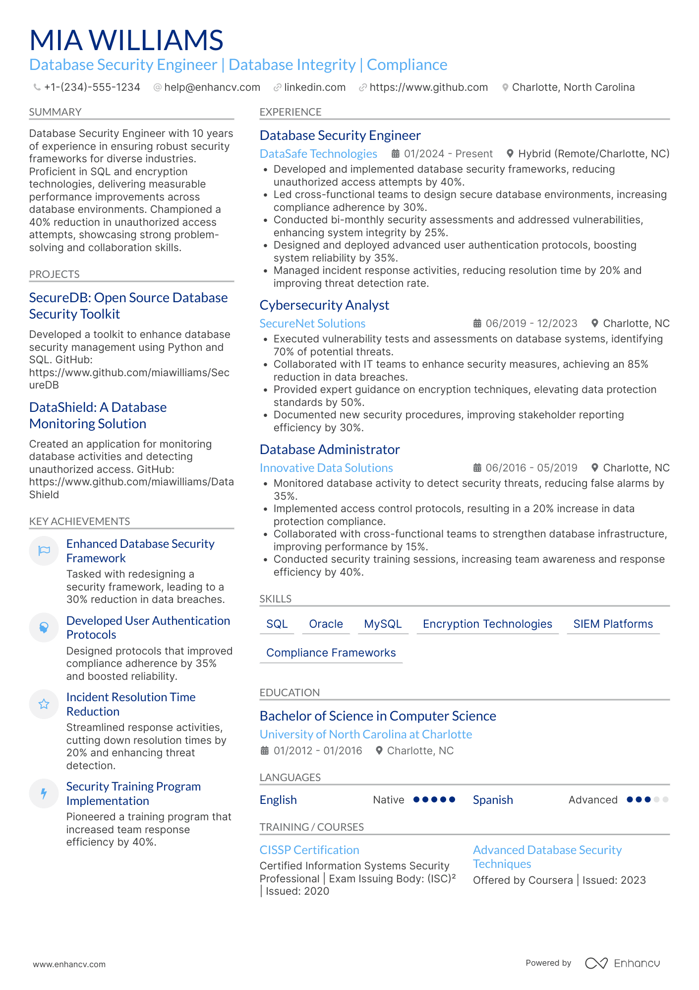 Database Security Engineer Resume Example