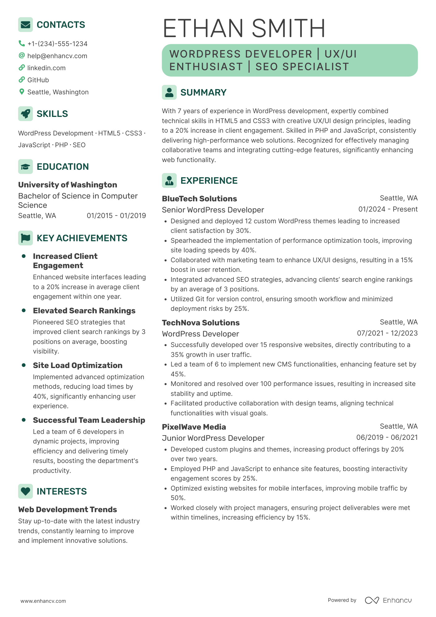 Wordpress Developer Resume Example