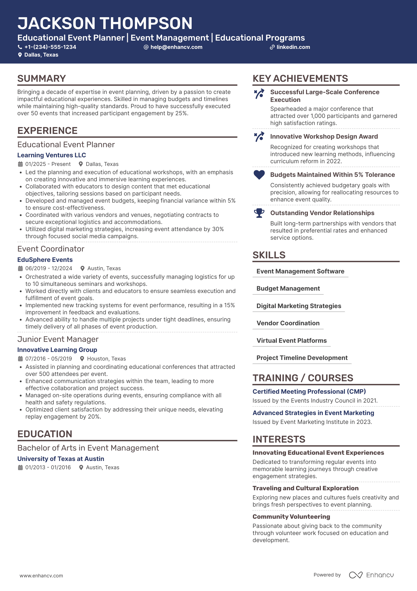 Educational Event Planner Resume Example