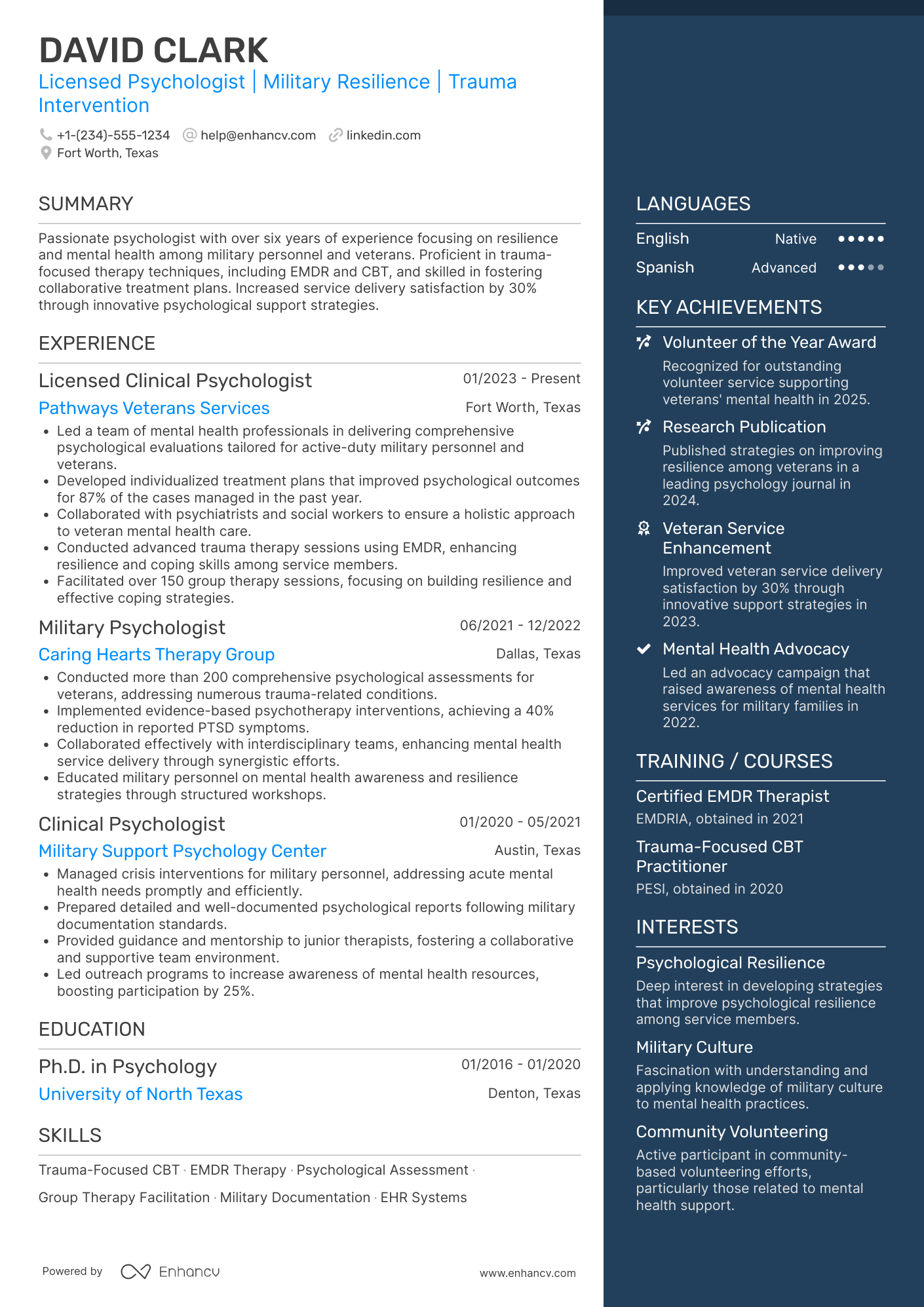 Military Psychologist Resume Example