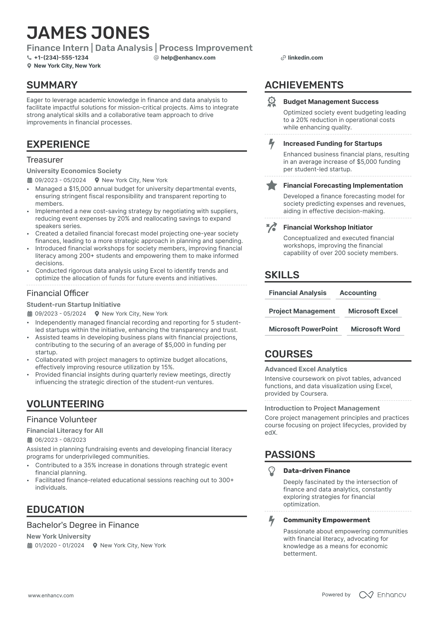 Finance Intern Resume Example
