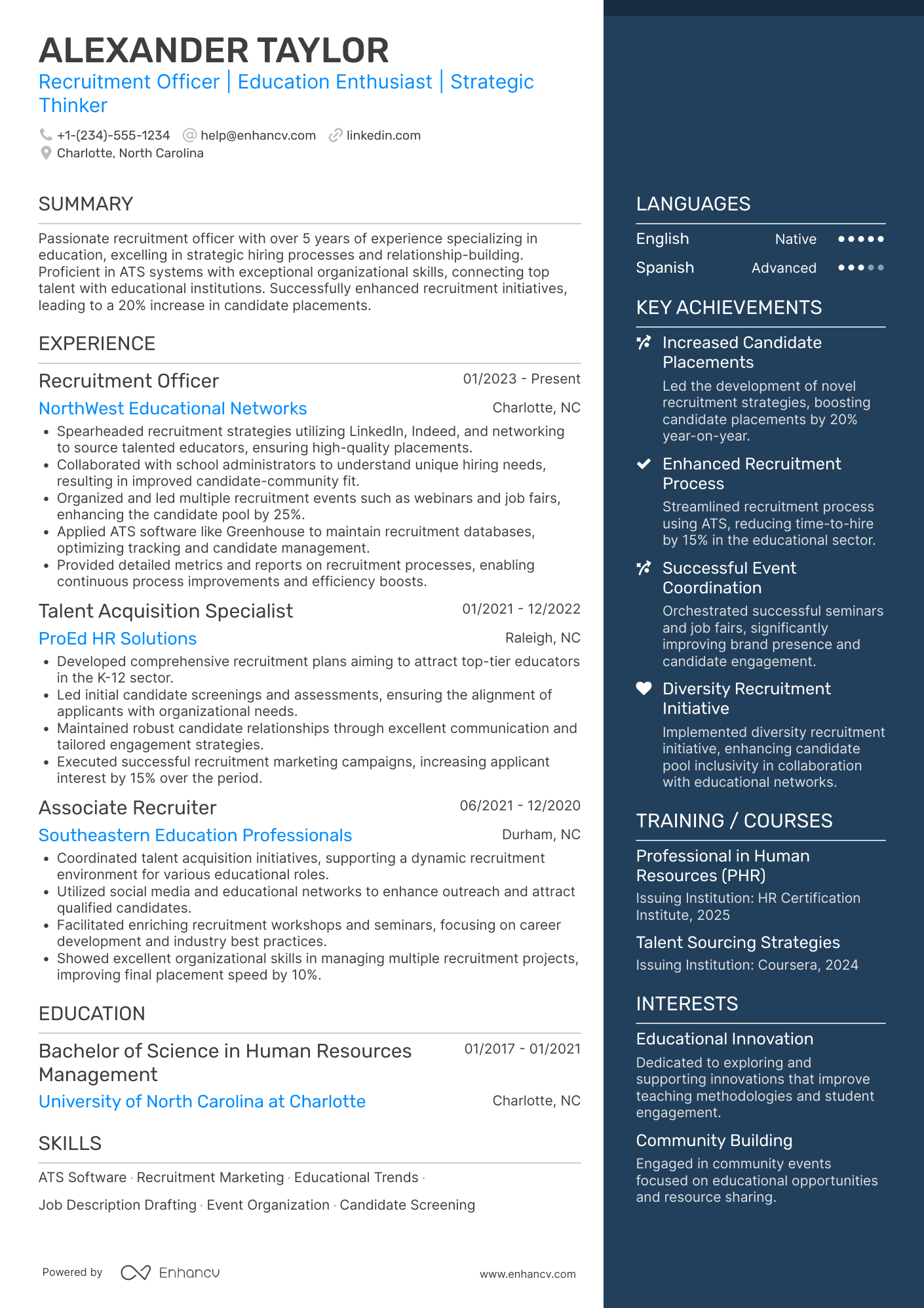 New Teacher Recruitment Officer Resume Example