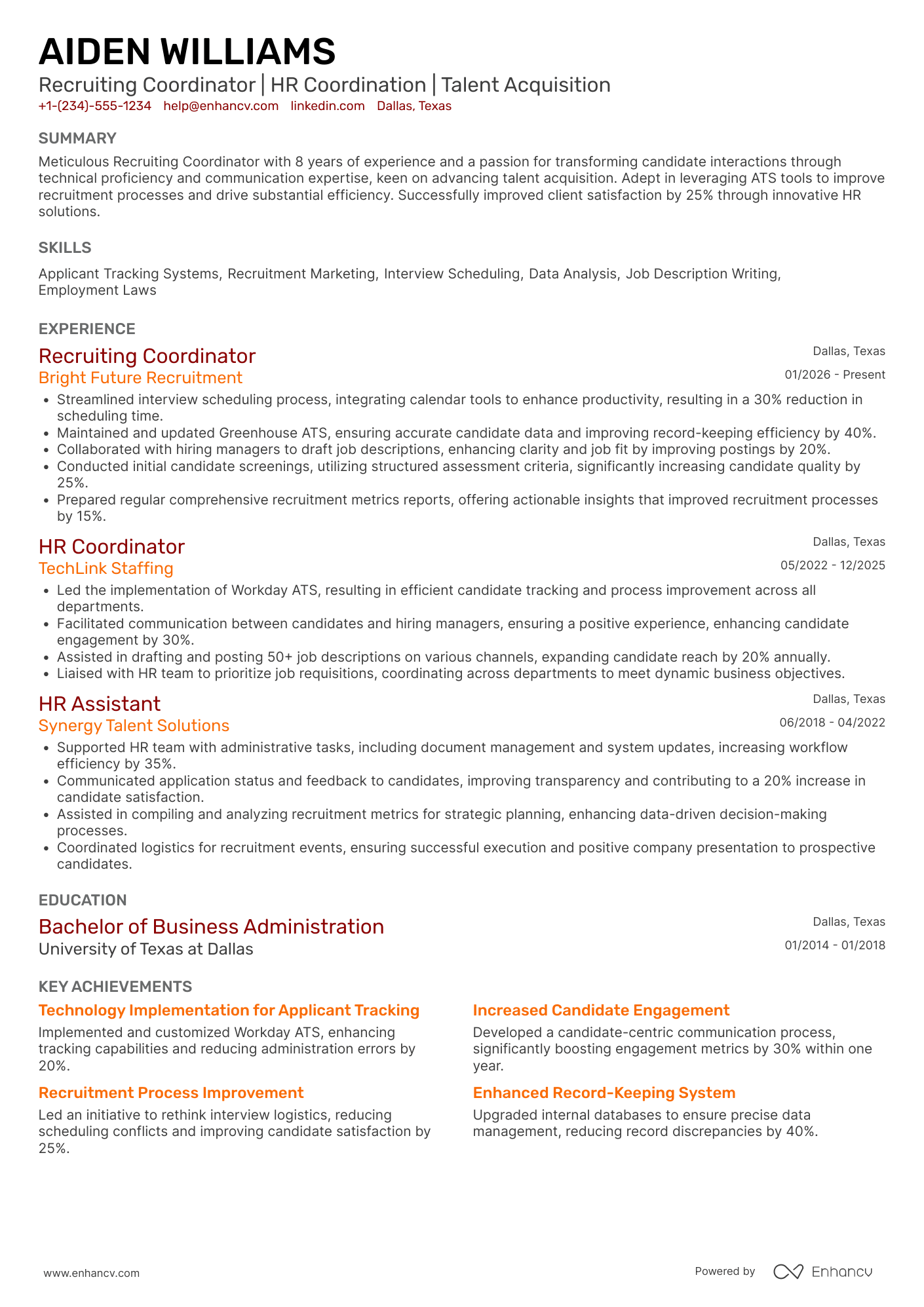 Part Time Recruiting Coordinator Resume Example
