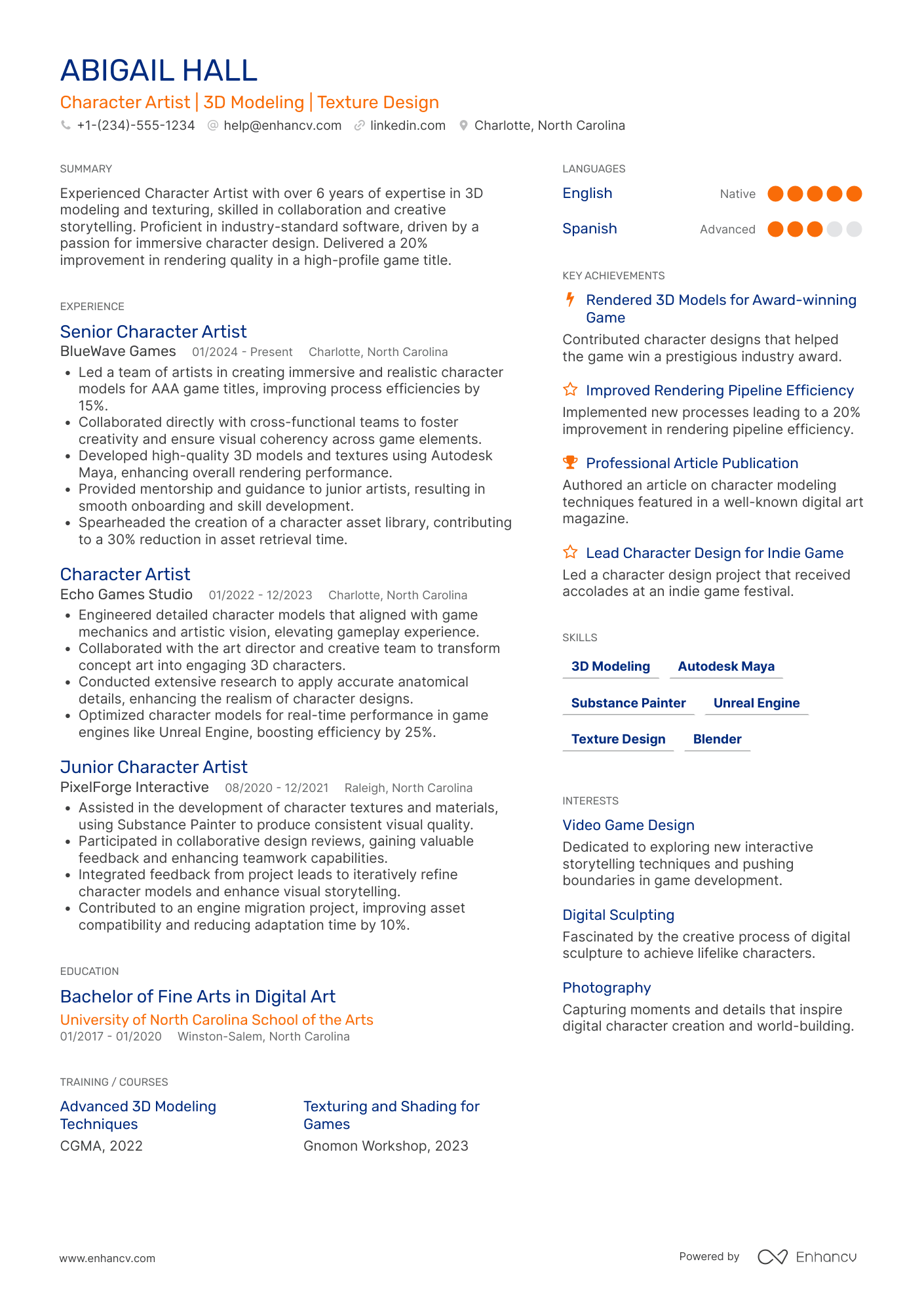 Character Artist Resume Example