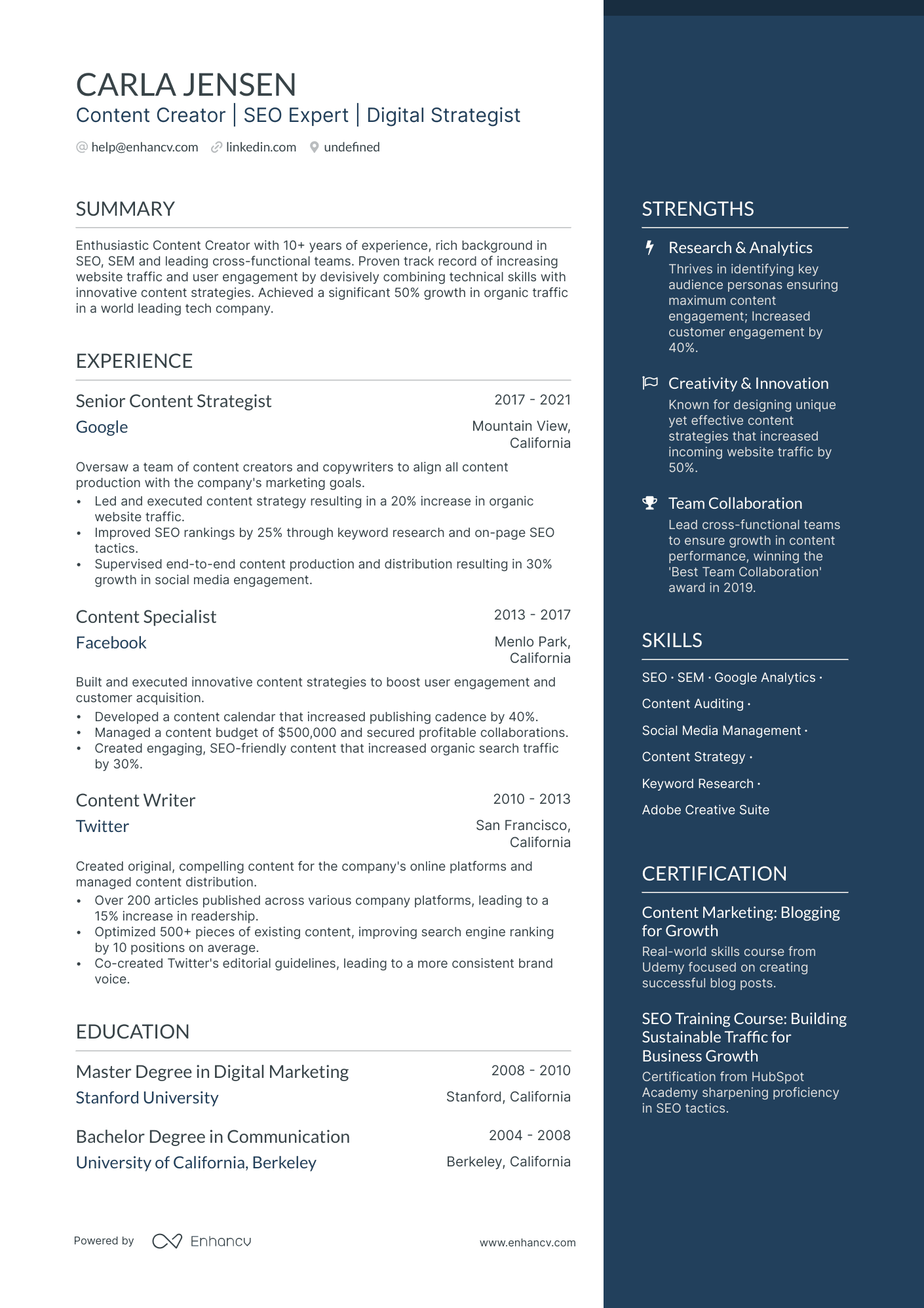 Content Creator Resume Example