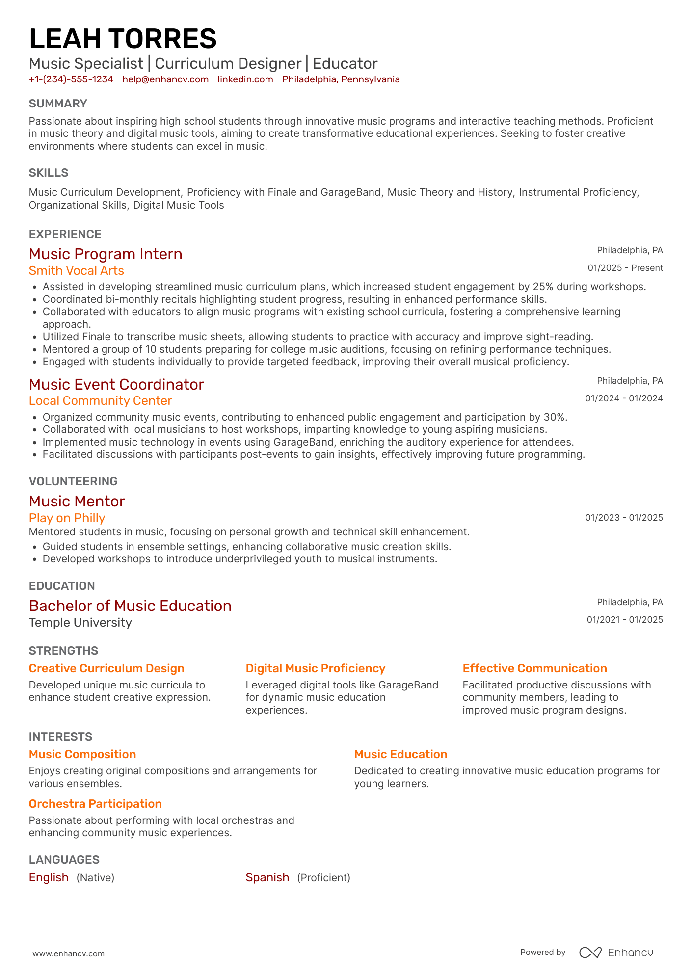 High School Student Music Resume Example