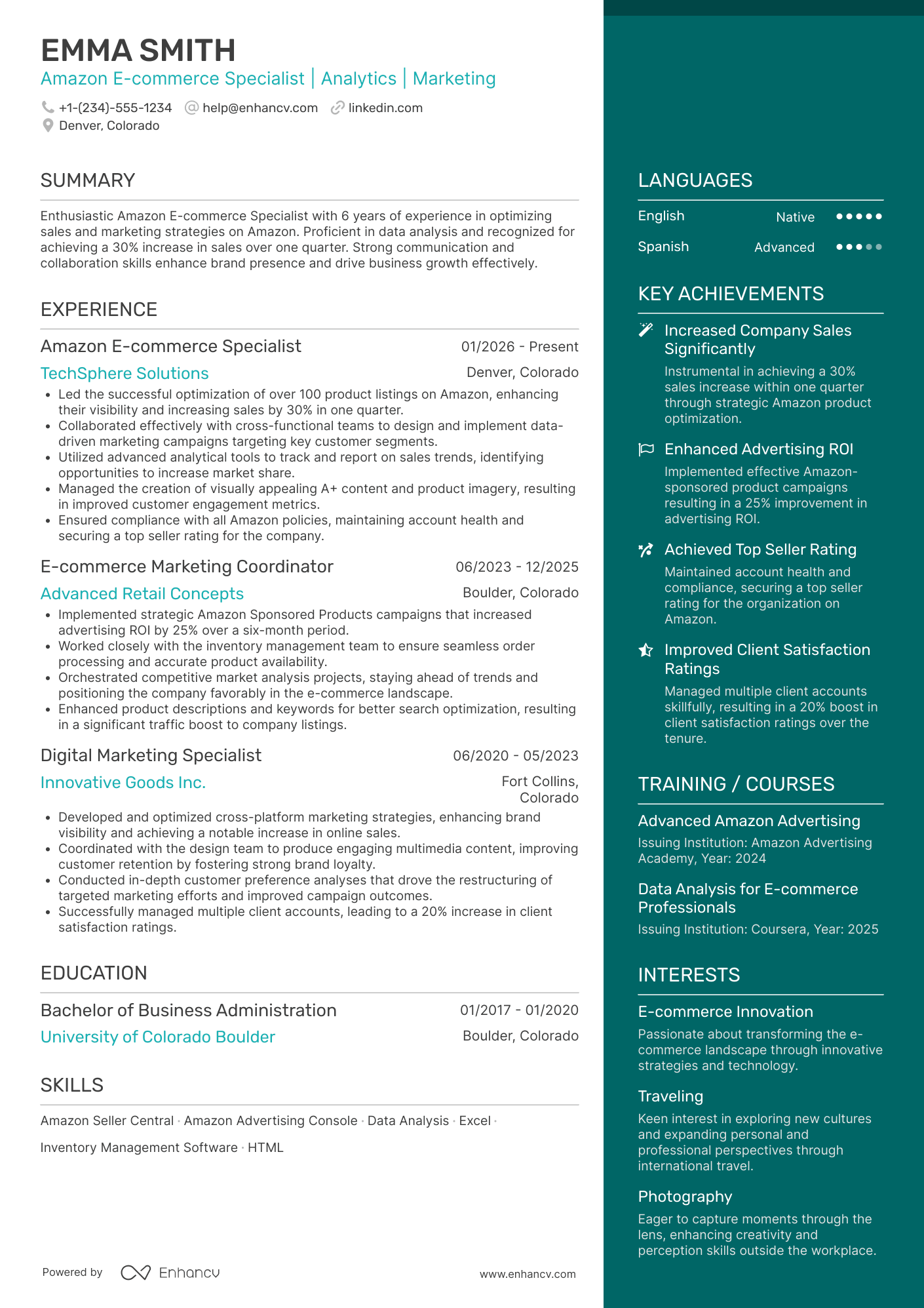 Amazon E commerce Specialist Resume Example