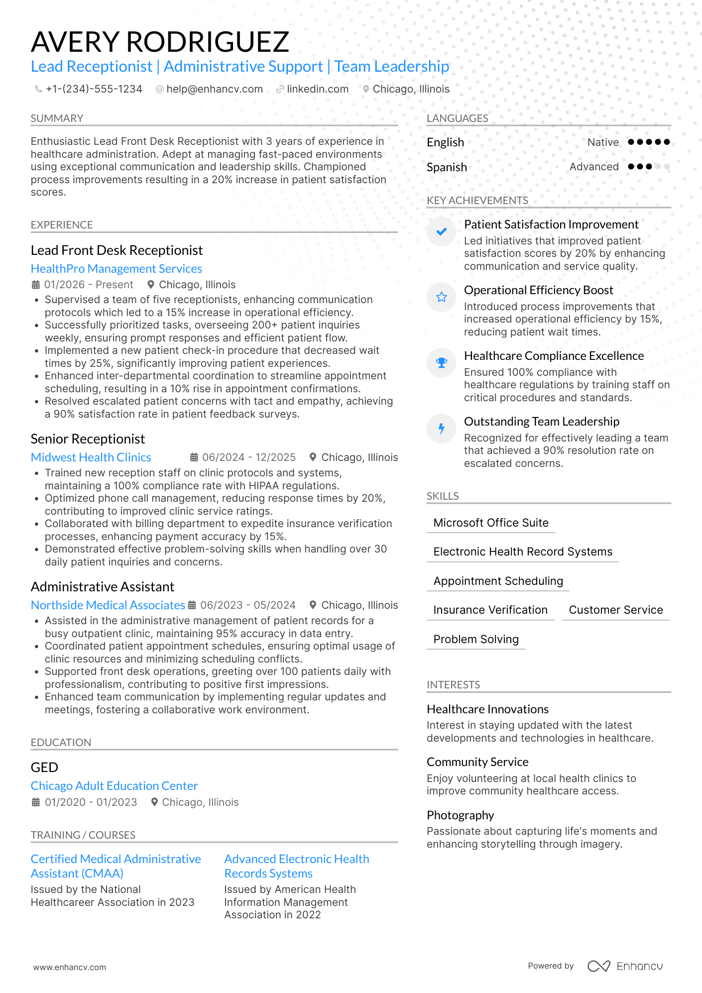 Lead Front Desk Receptionist Resume Example