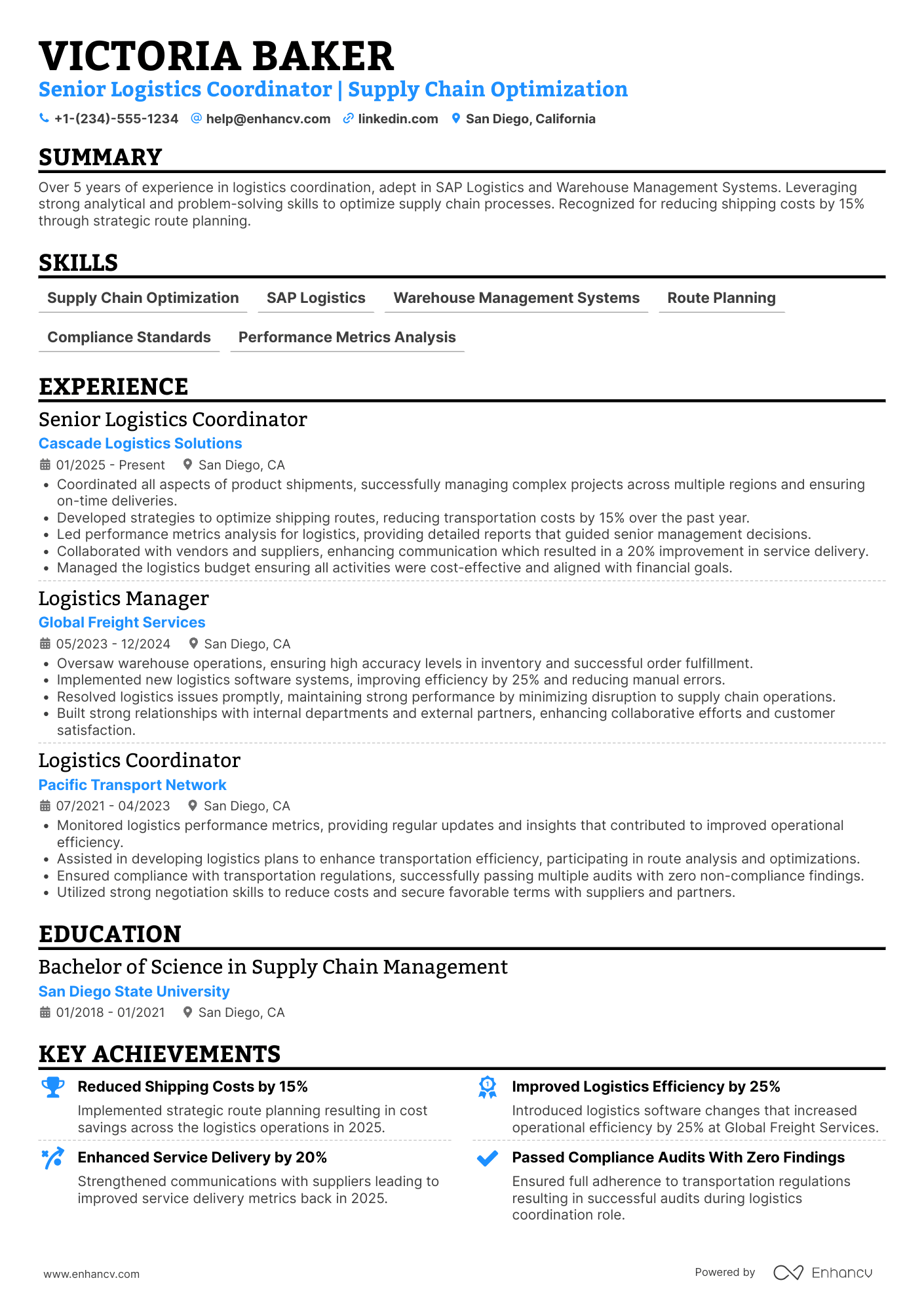 Senior Logistics Coordinator Resume Example