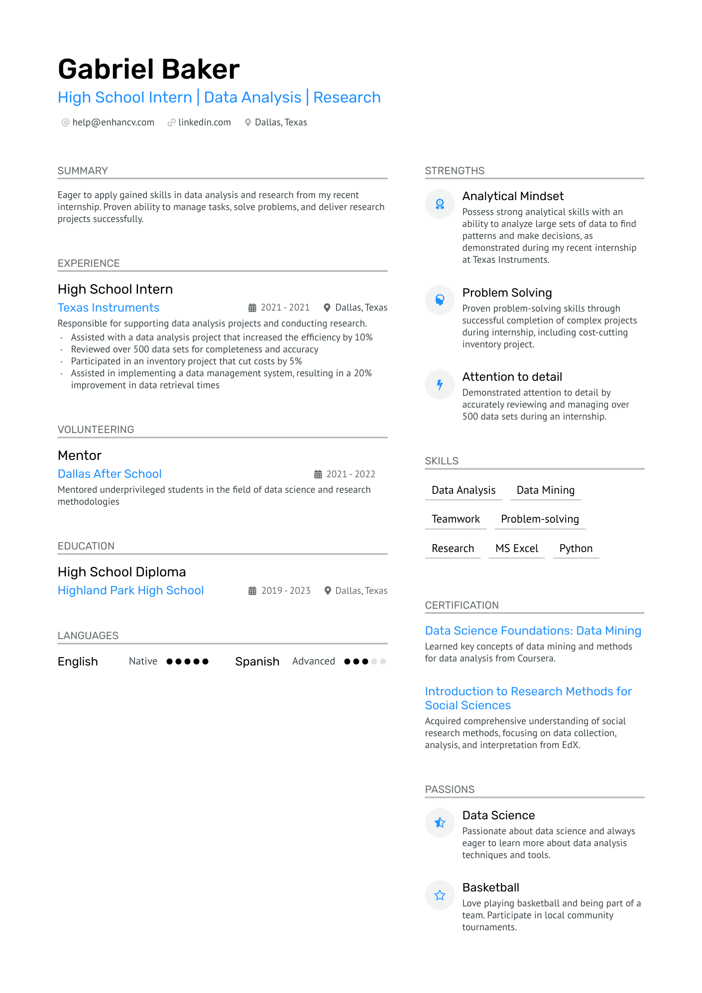 High School Student Internship Resume Example