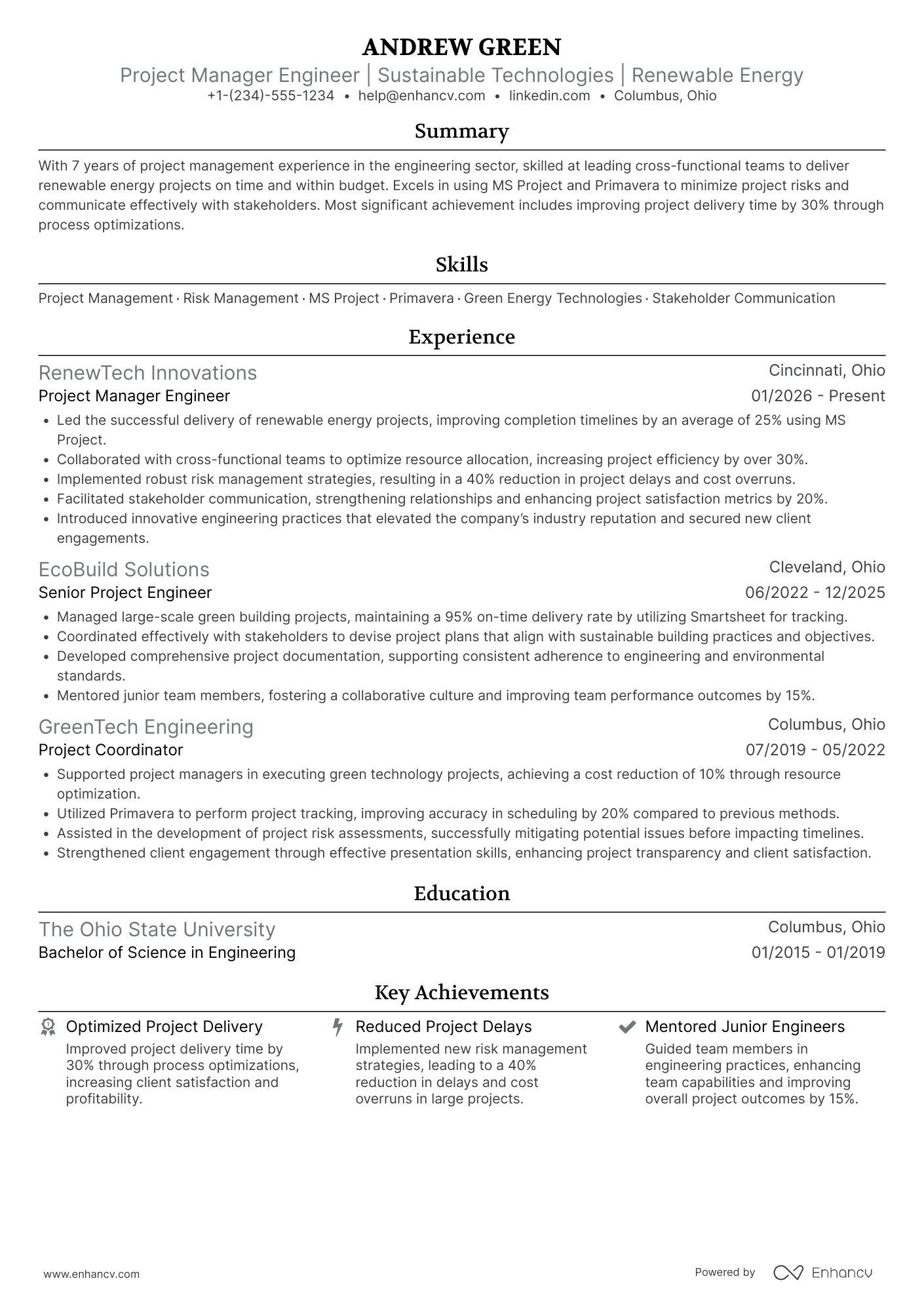 Project Manager Engineer Resume Example