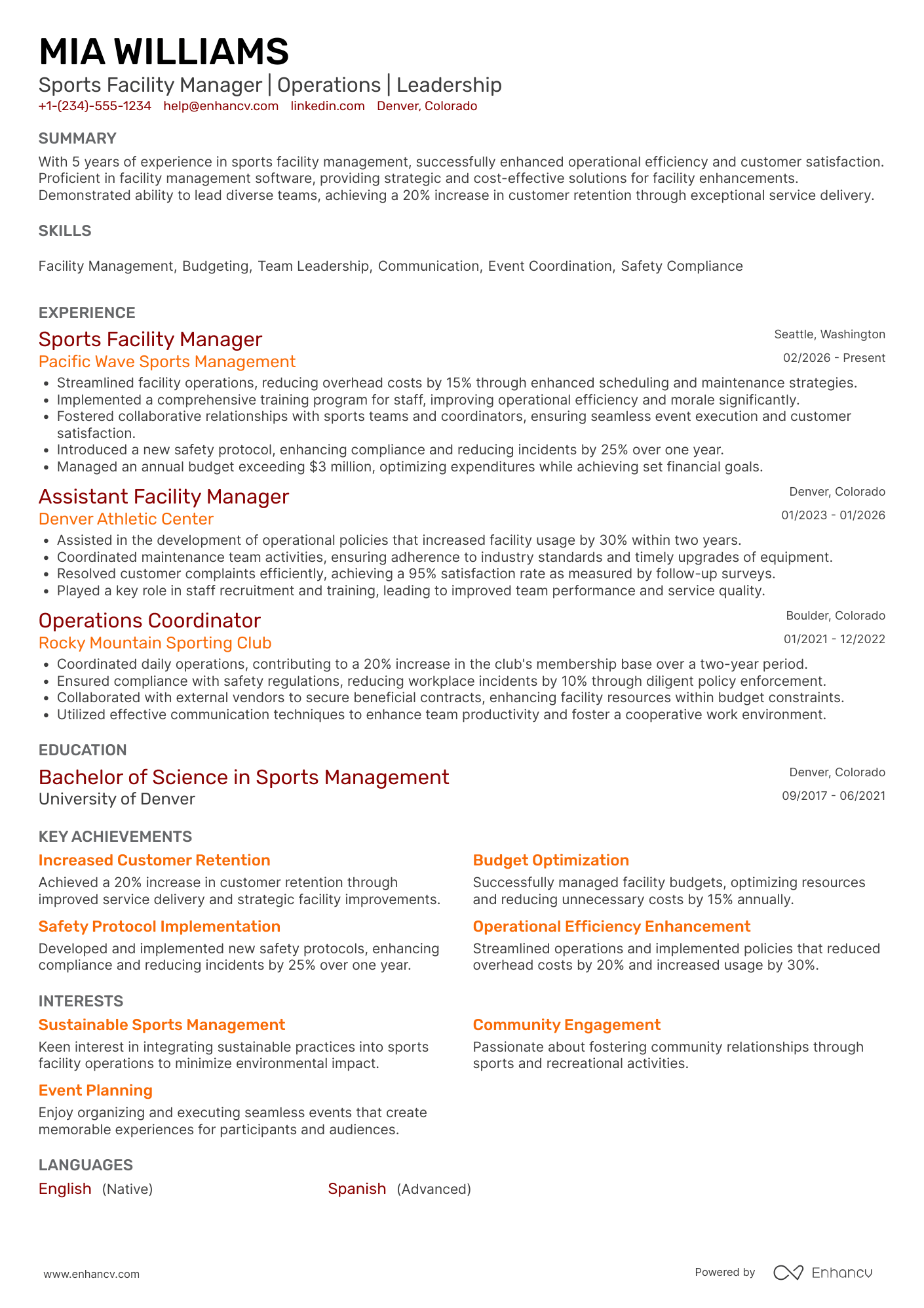 Sports Facility Manager Resume Example