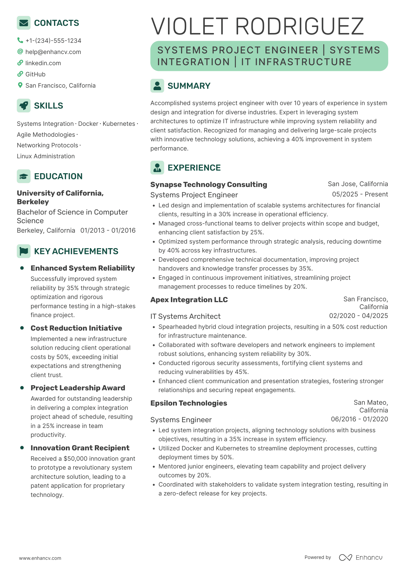 Systems Project Engineer Resume Example