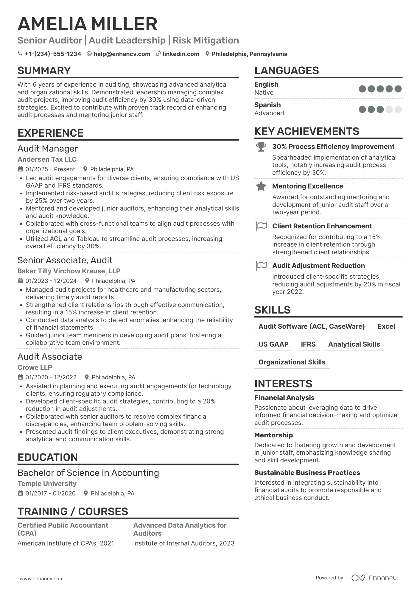 PwC Senior Auditor Resume Example