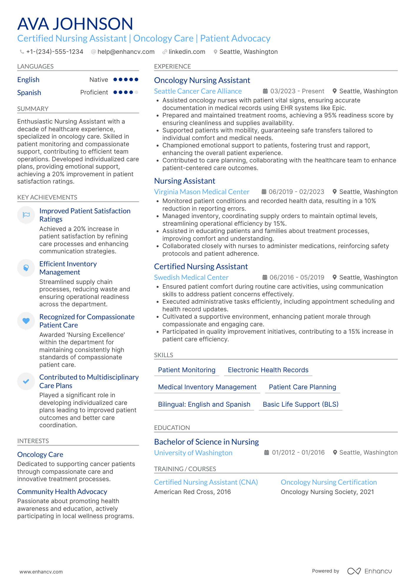 Oncology Nursing Assistant Resume Example