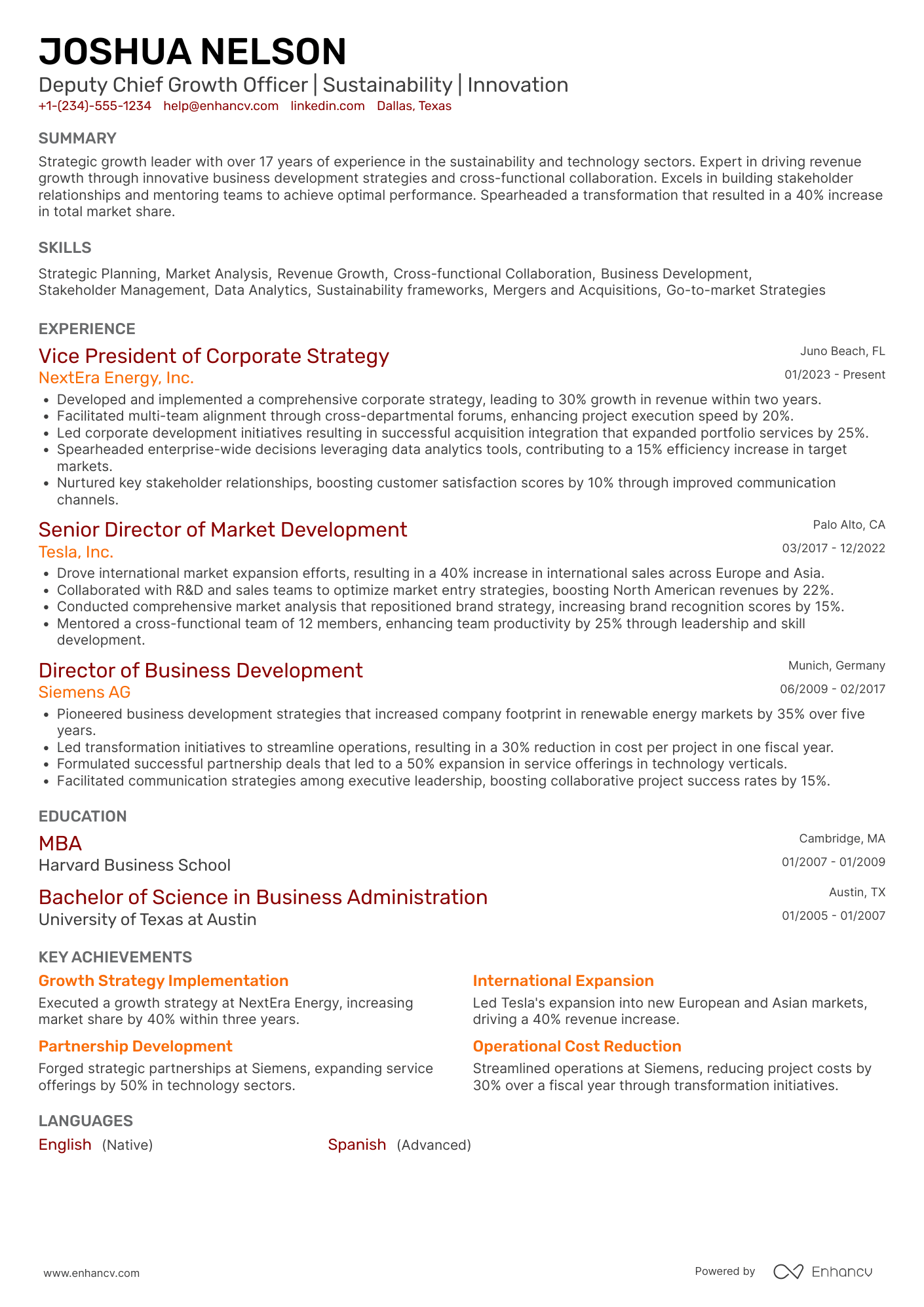 Deputy Chief Growth Officer Resume Example