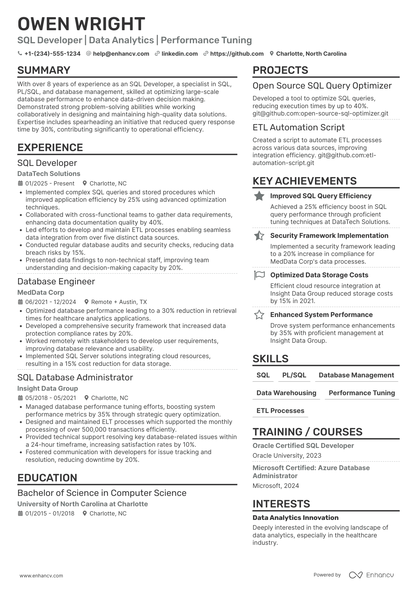 Contract SQL Developer Resume Example